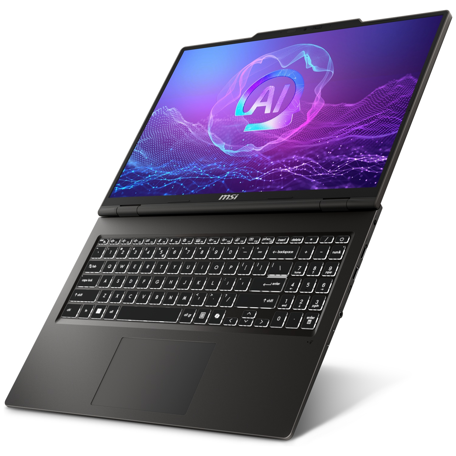 Un ordinateur portable MSI noir ouvert affiche un graphique IA bleu et violet sur l'écran.