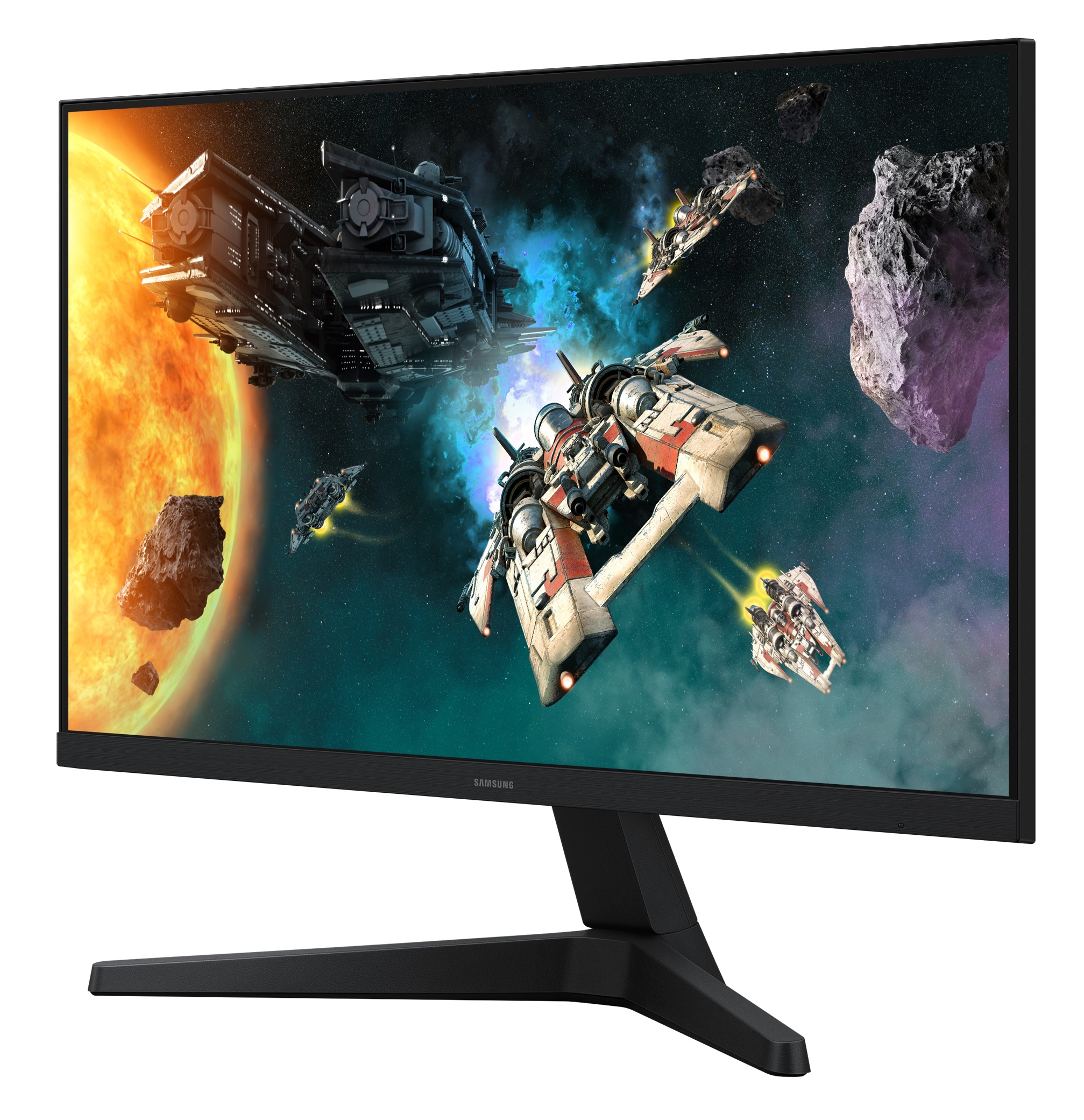 Czarny monitor Samsung wyświetla scenę kosmiczną ze statkami, planetami, asteroidami i gwiazdami.