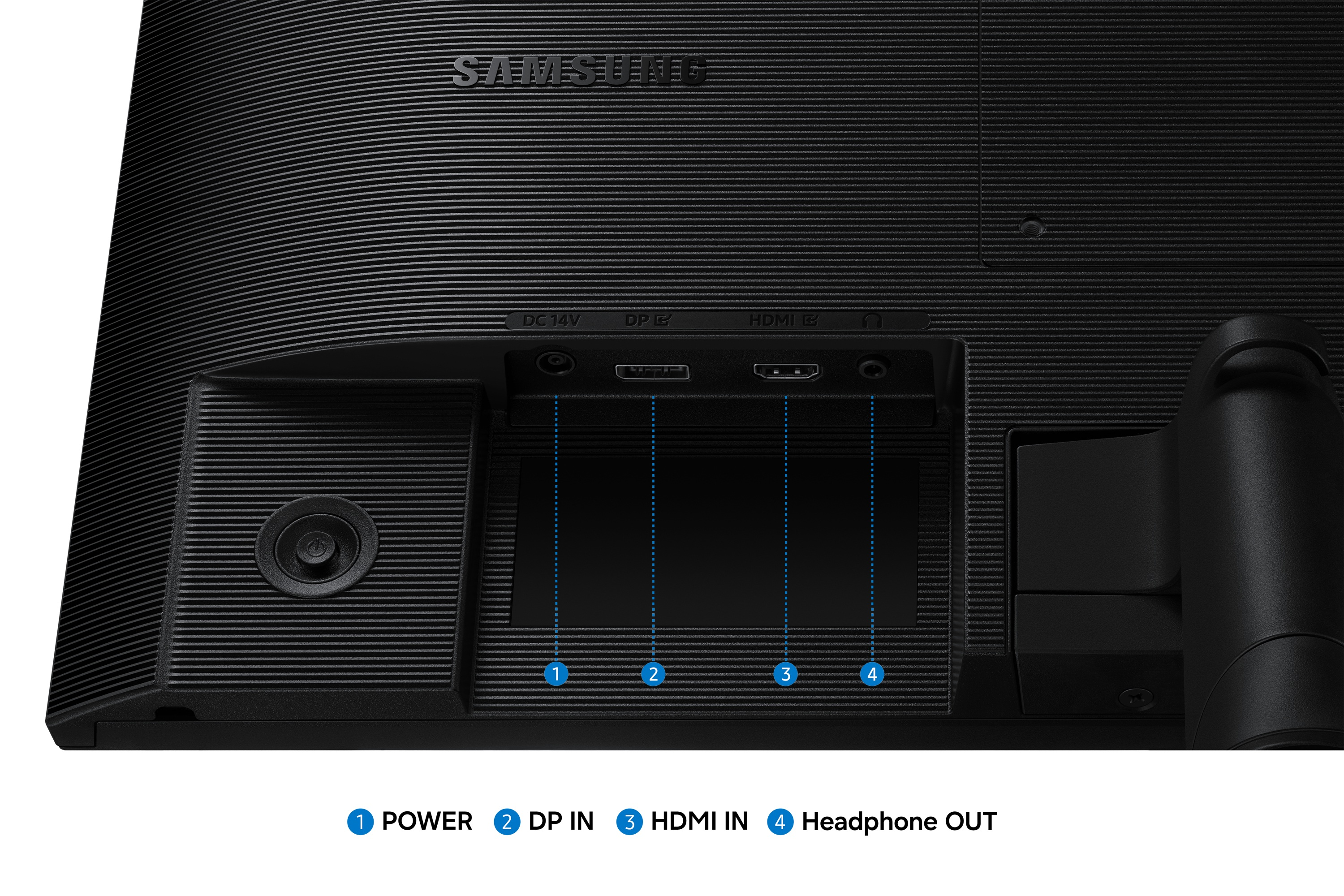 Tył czarnego monitora Samsung z oznaczonymi portami zasilania, DP, HDMI i słuchawek.