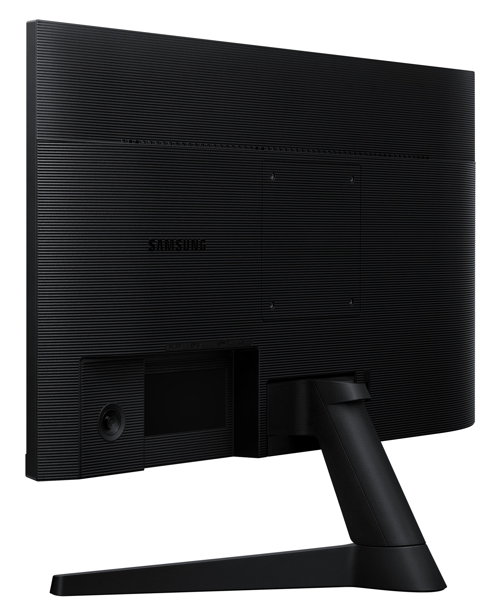 Widok z tyłu czarnego monitora Samsung z podstawką i portami.