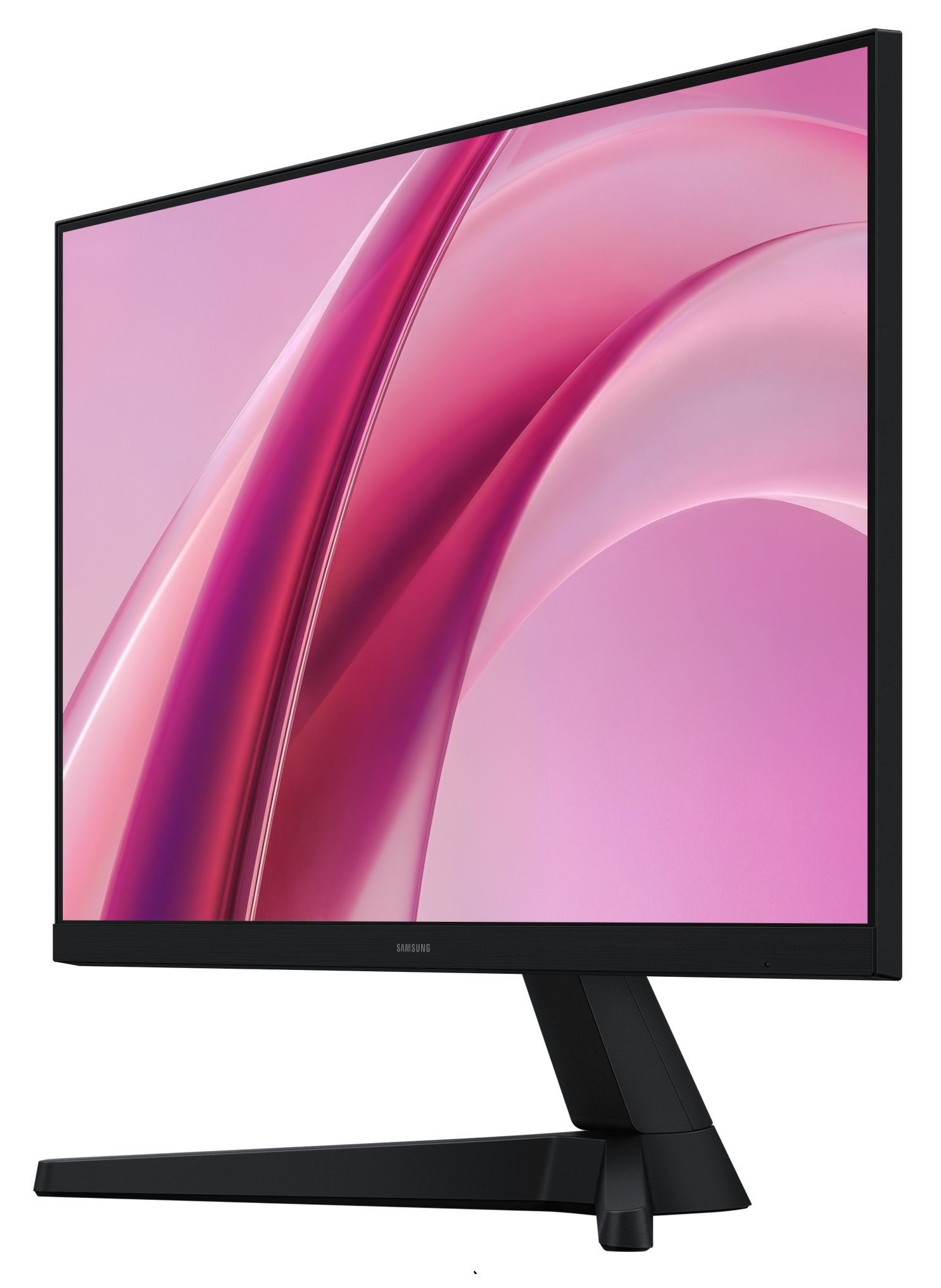 Czarny monitor Samsung na podstawce z abstrakcyjnym różowym tłem na ekranie.