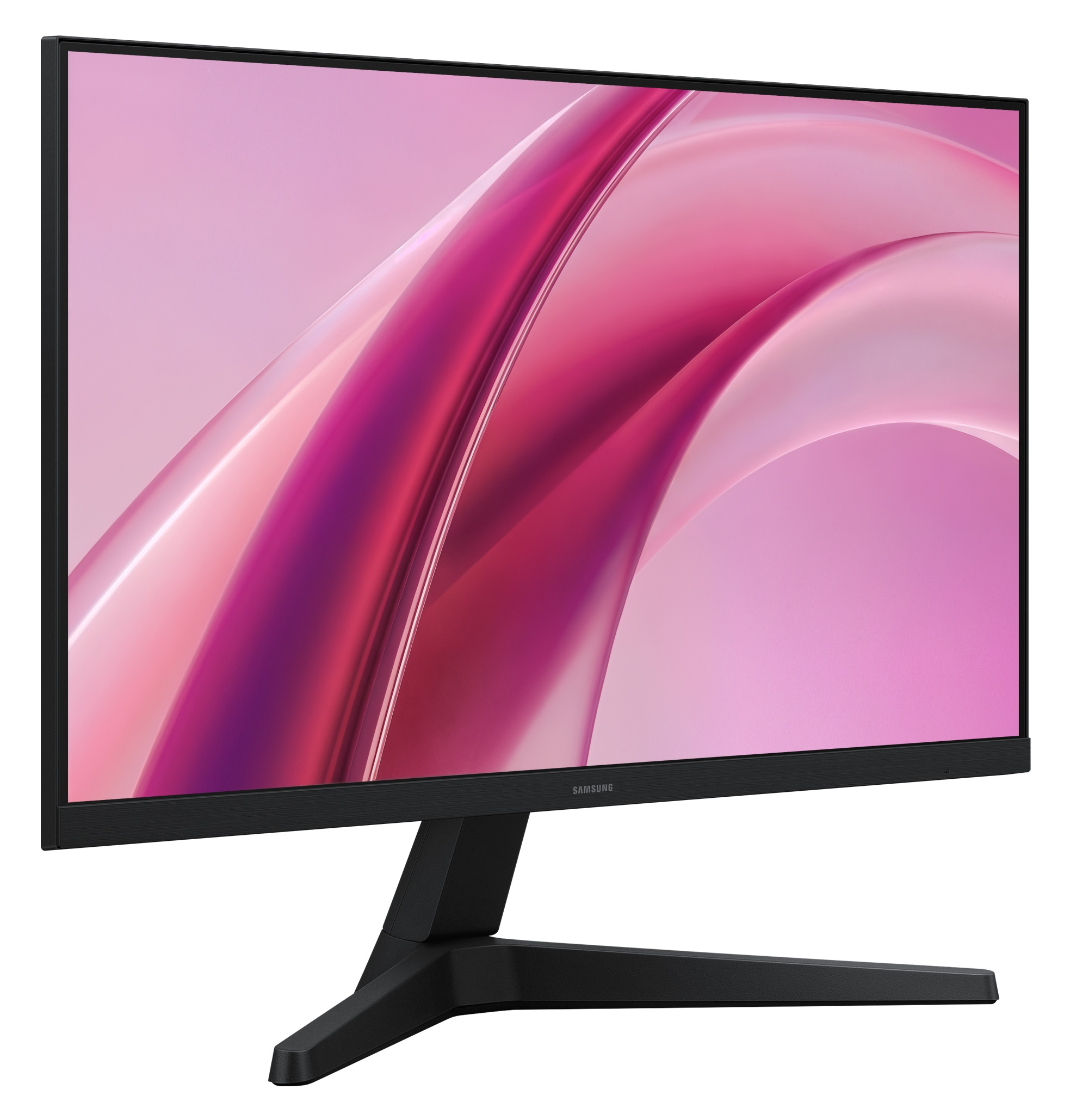 Czarny monitor Samsung wyświetla różową, abstrakcyjną tapetę z falą na gładkim, białym tle.