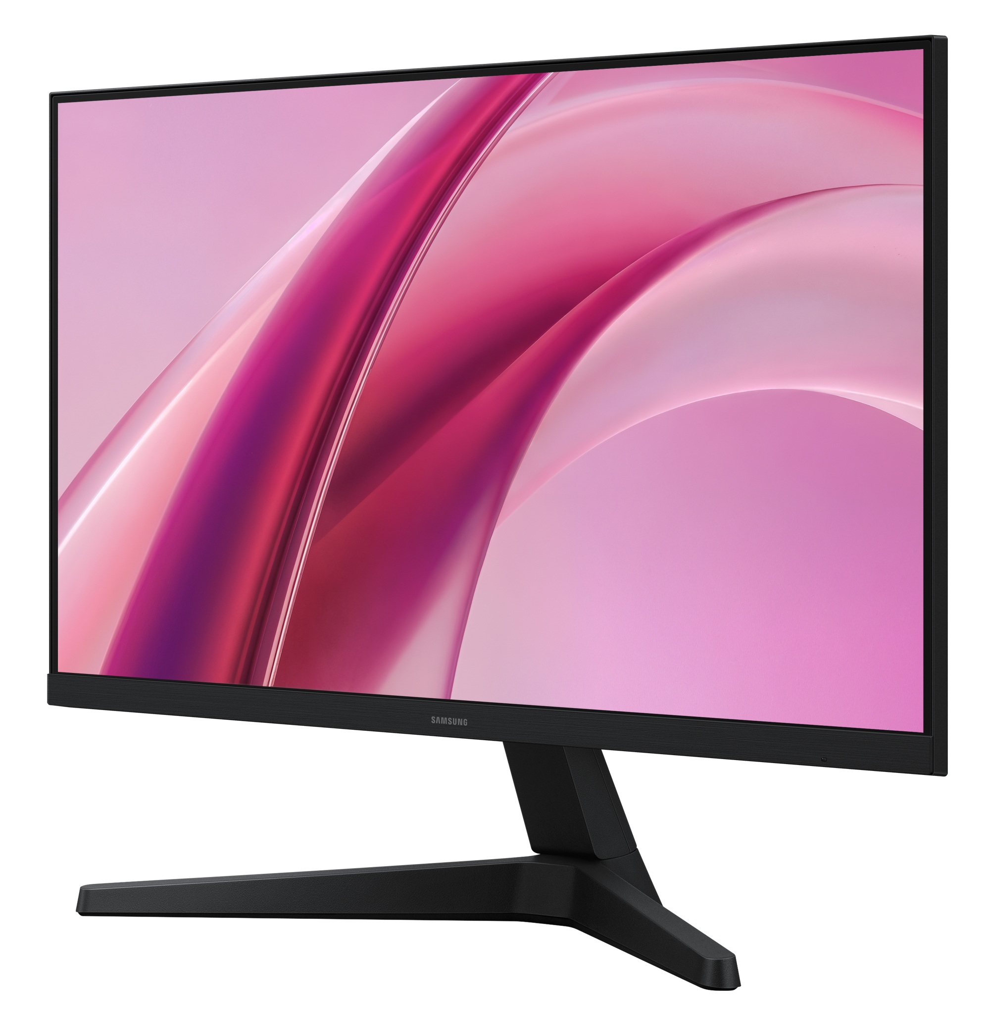 Czarny monitor Samsung na stojaku w kształcie litery V wyświetla abstrakcyjny różowy wzór.