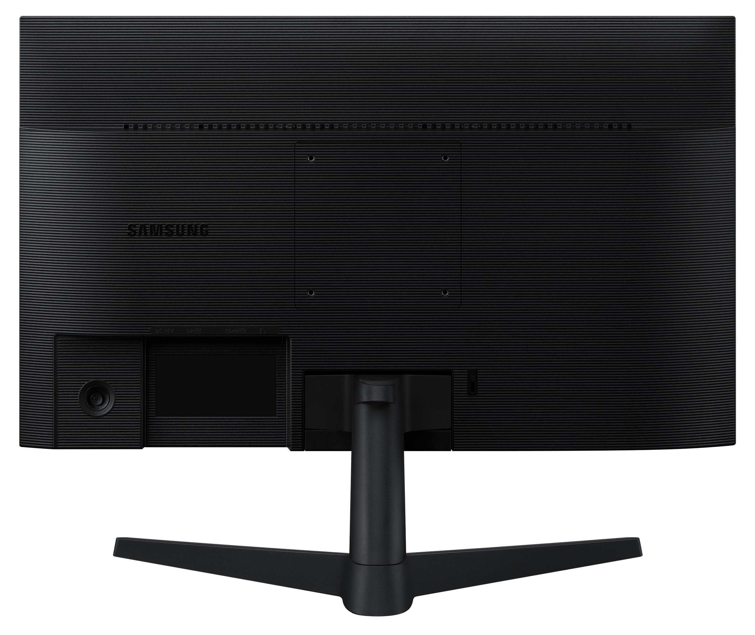 Widok z tyłu czarnego monitora Samsung o teksturowanej powierzchni, uchwycie VESA, portach i podstawie w kształcie litery Y.