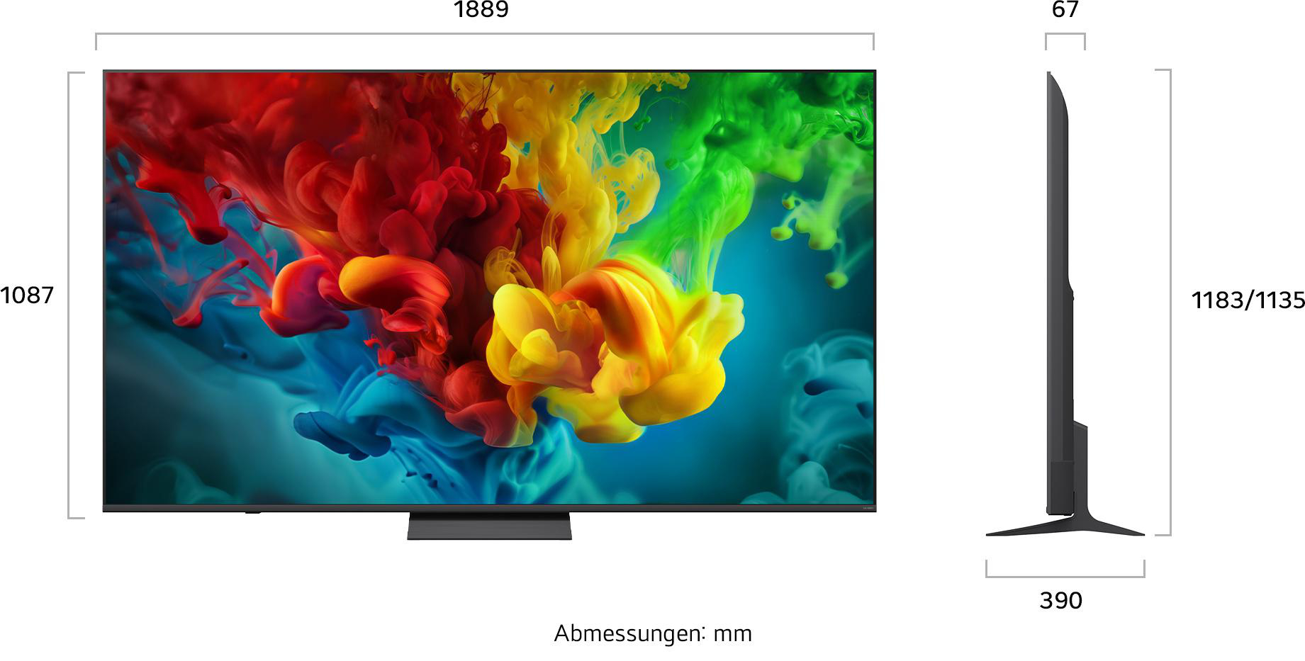 Technische Zeichnung eines Fernsehers mit Maßangaben in Millimetern für Höhe, Breite und Tiefe.