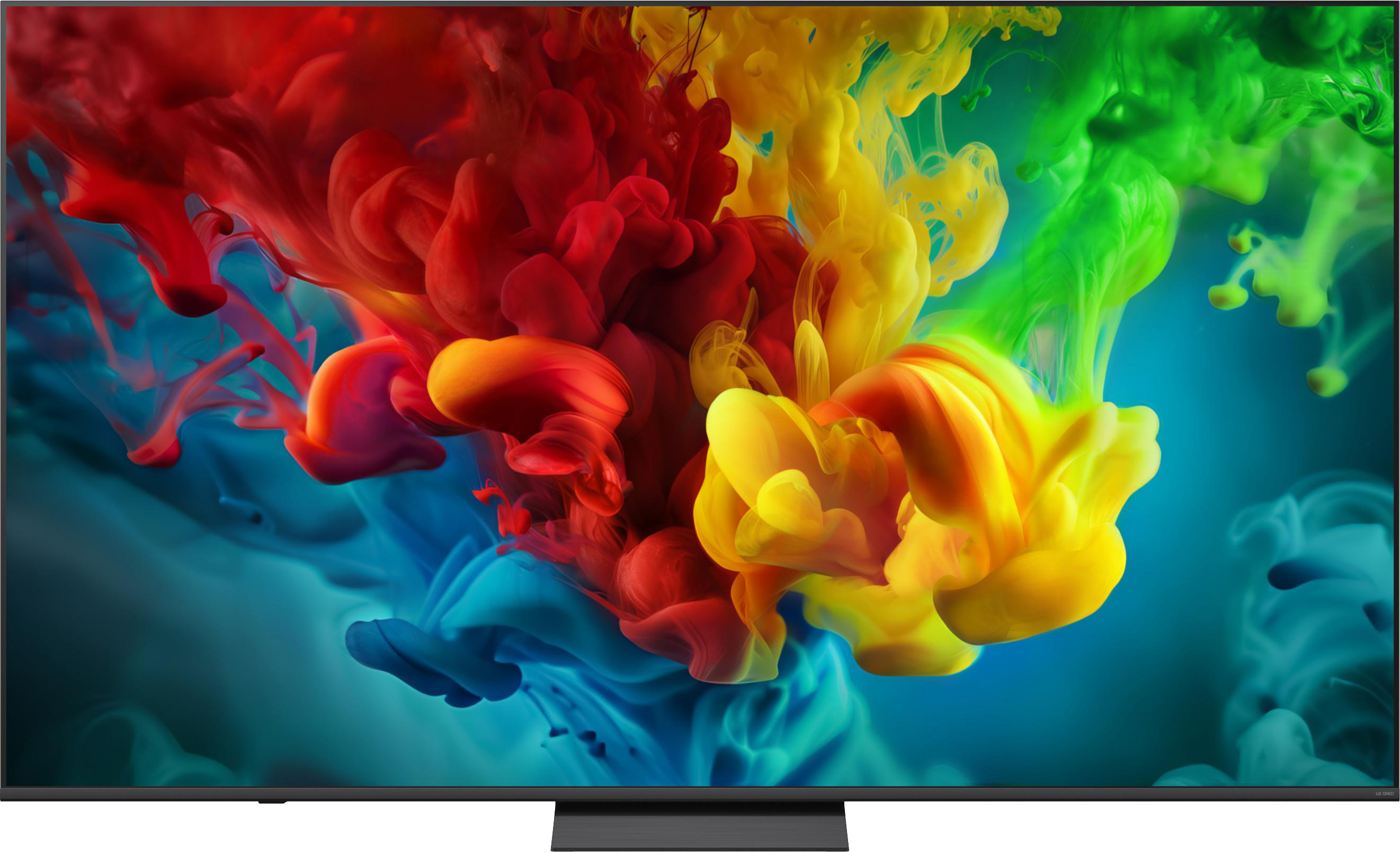 Ein moderner Fernseher zeigt lebendige rote, gelbe, grüne und blaue Tinte im Wasser vor dunklem Hintergrund.