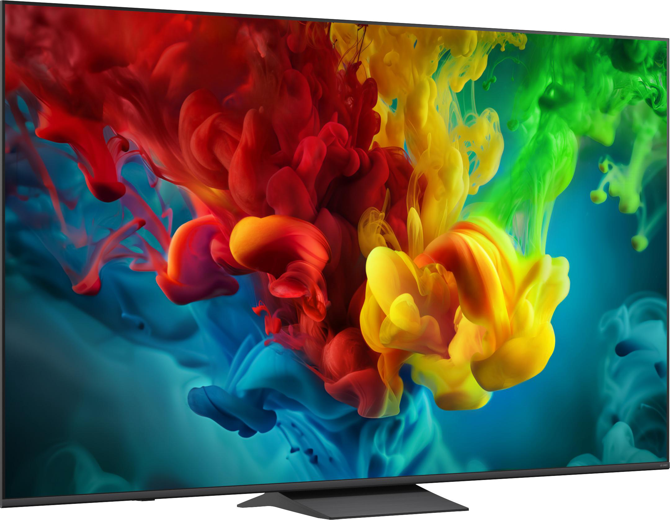 Ein moderner Fernseher zeigt eine bunte Explosion aus roten, gelben und grünen Tintenwolken auf blauem Hintergrund.