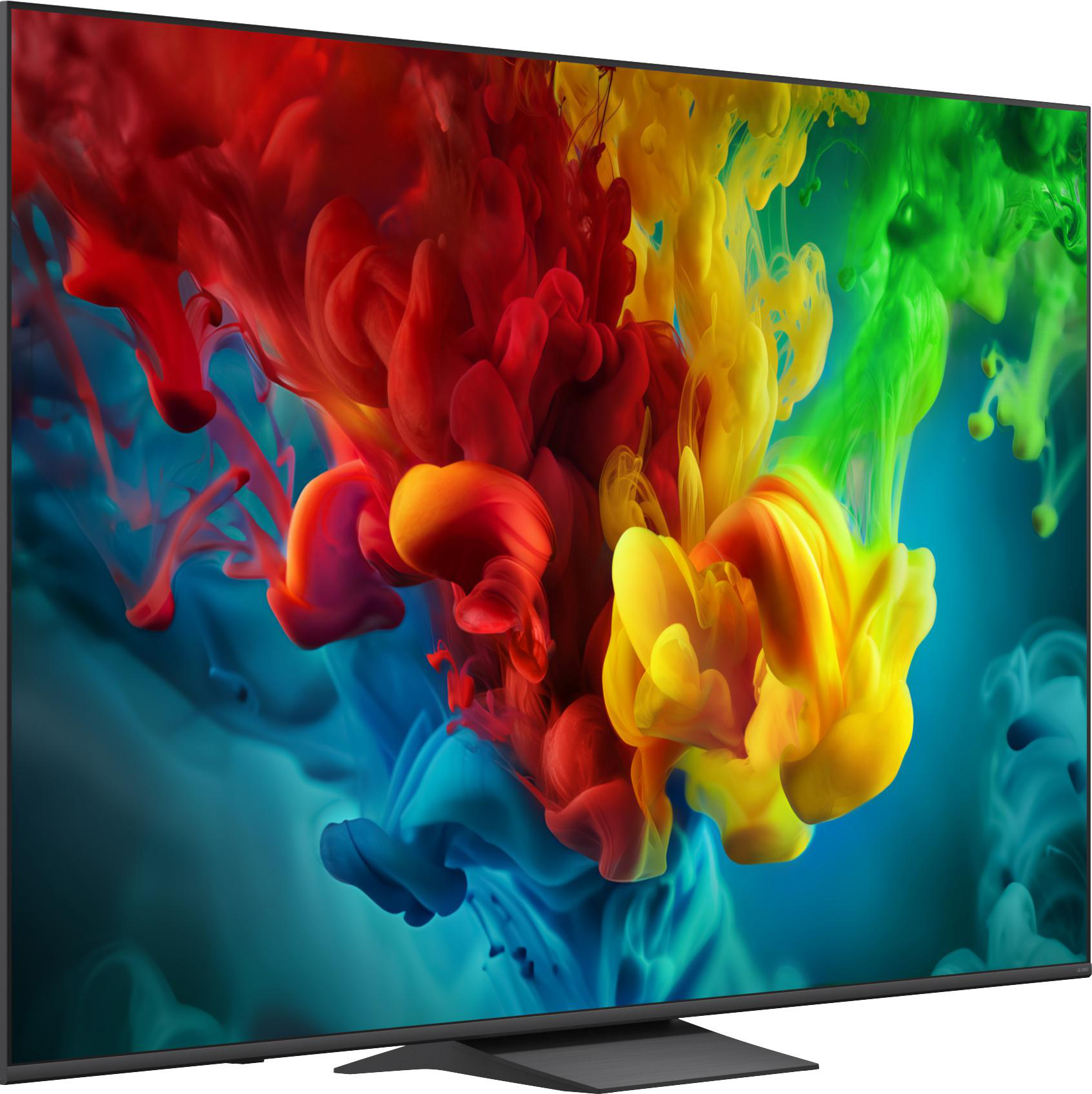 Ein Flachbildfernseher zeigt eine abstrakte, bunte Farbexplosion in Rot, Gelb und Grün auf blauem Grund.