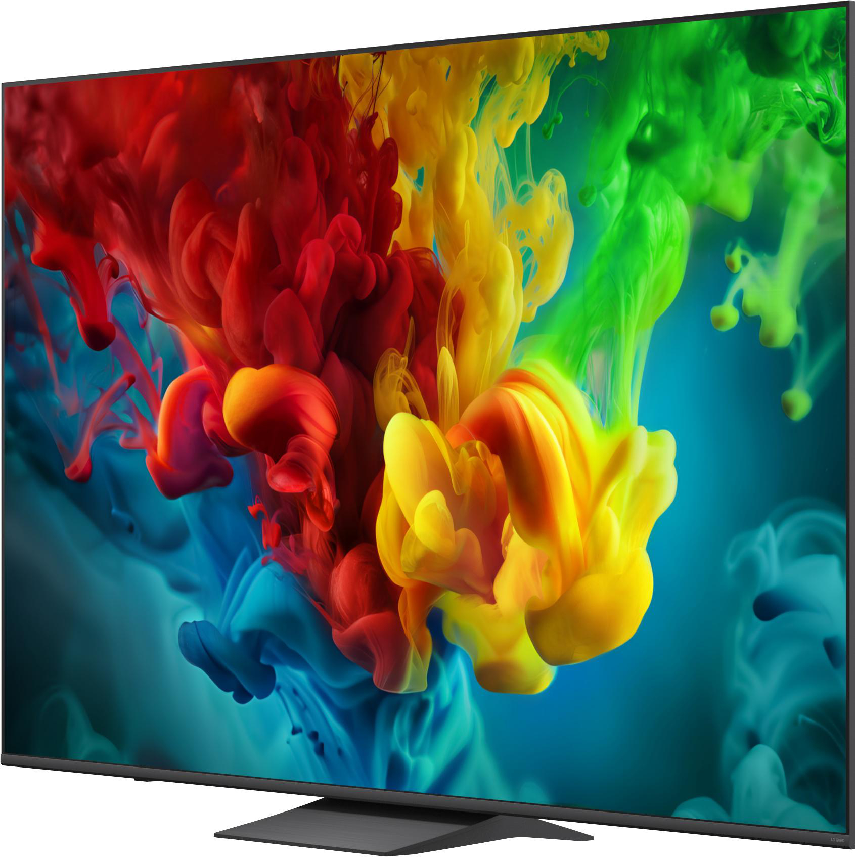 Ein moderner Fernseher zeigt lebendige rote, gelbe und grüne Tintenwolken in blauer Flüssigkeit.