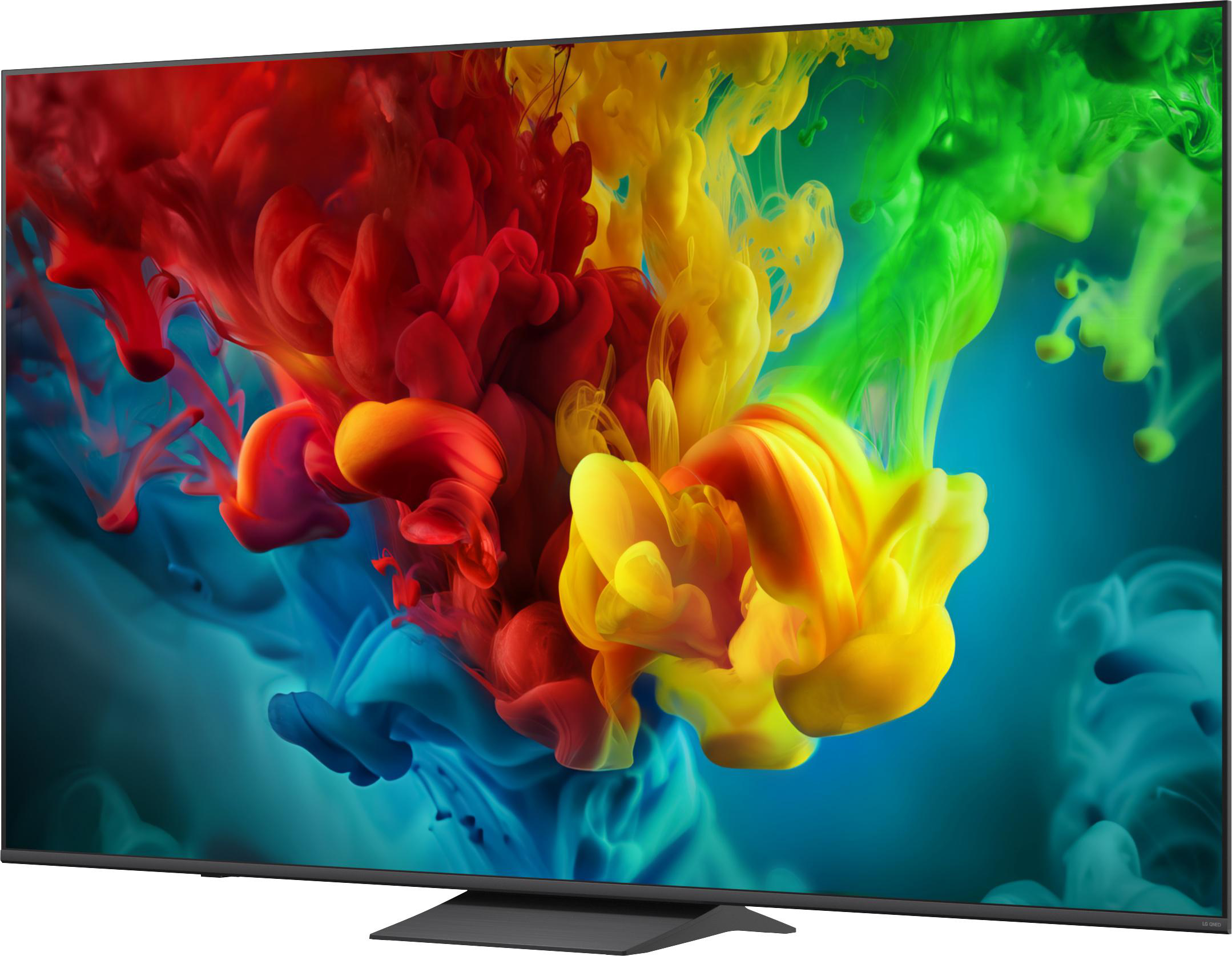 Ein Fernseher zeigt ein lebendiges Display aus wirbelnden roten, gelben, grünen und blauen Tintenwolken.