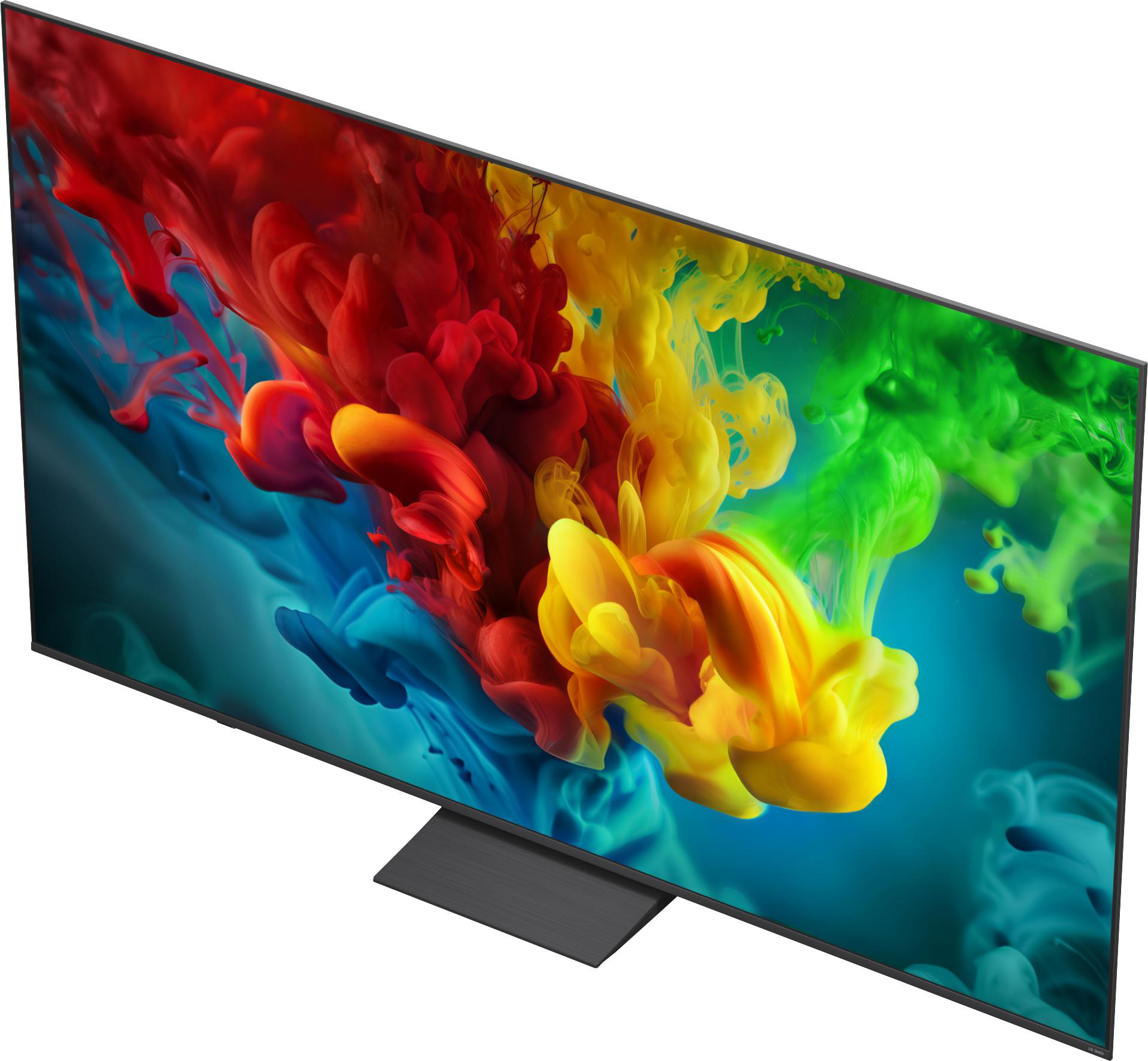 Ein moderner Fernseher mit breitem Bildschirm zeigt lebendige rote, gelbe, blaue und grüne Tintenwolken.