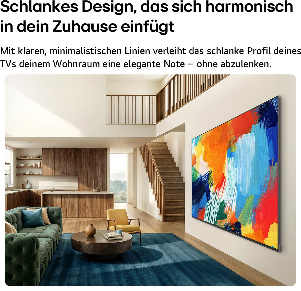 Wohnzimmer mit grünem Sofa, gelbem Sessel und einem großen Fernseher an der Wand mit einem bunten abstrakten Gemälde.