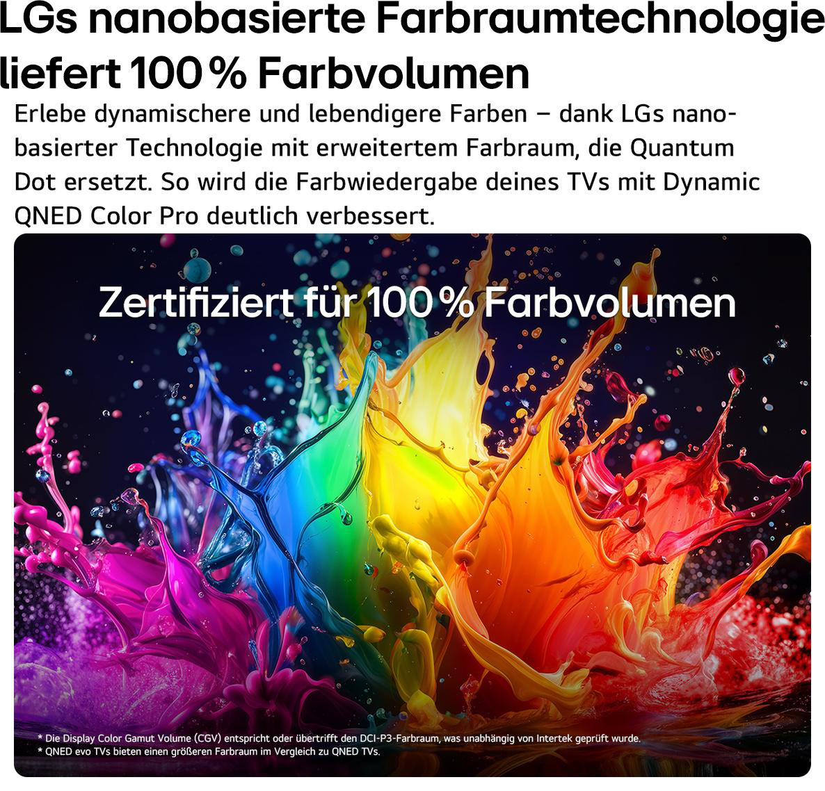 Werbebild für LG-Technologie mit bunten, spritzenden Farben und Text über Farbvolumen.