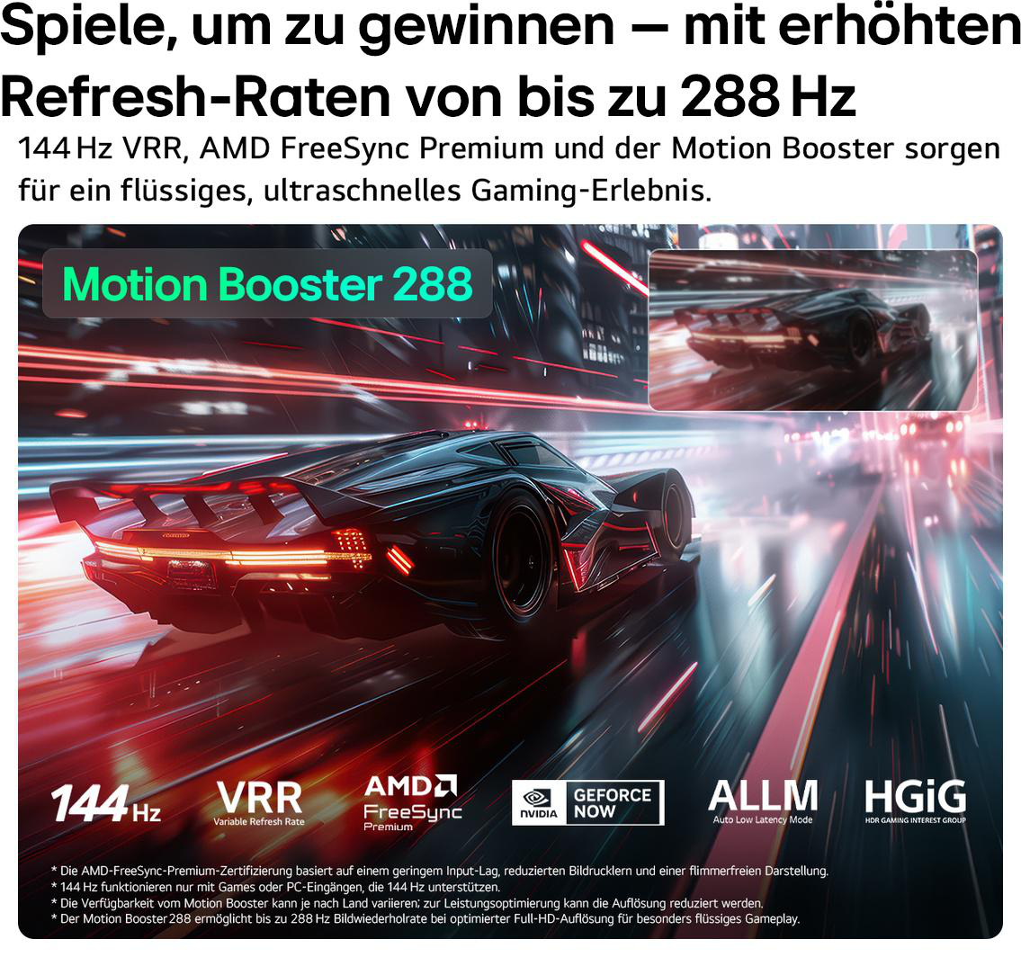 Gaming-Werbung mit Rennwagen, 288 Hz und Motion Booster.