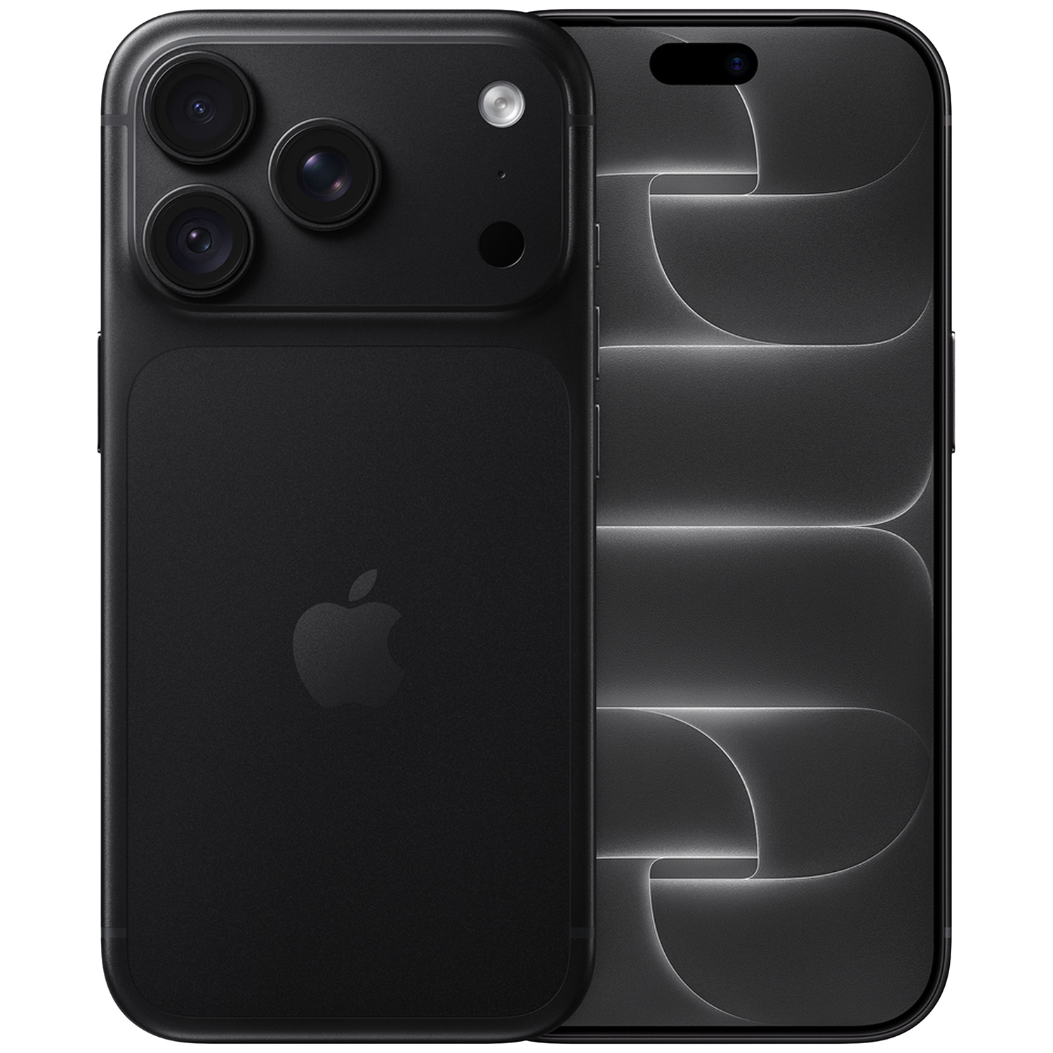 Un smartphone noir montre sa face avant et arrière avec un triple appareil photo et le logo Apple.