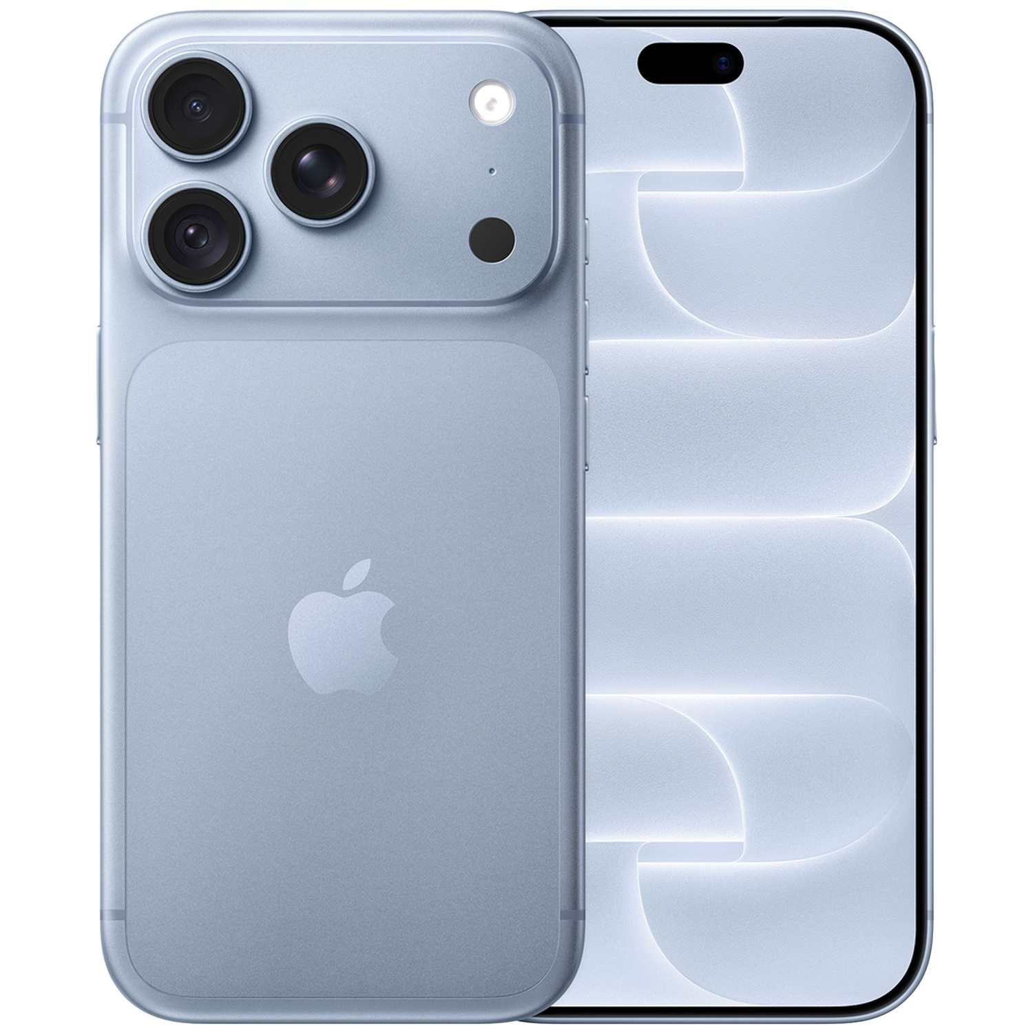 Smartphones bleus avec trois caméras et logo Apple à l'arrière, et écran lumineux à l'avant.