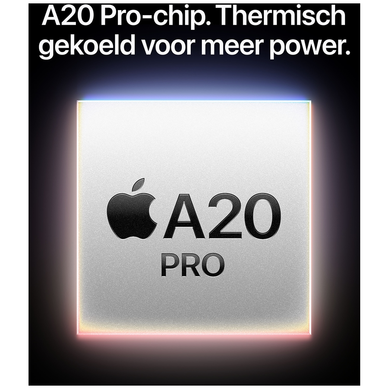 A20 Pro-chip met het Apple-logo in het midden op een zwarte achtergrond.