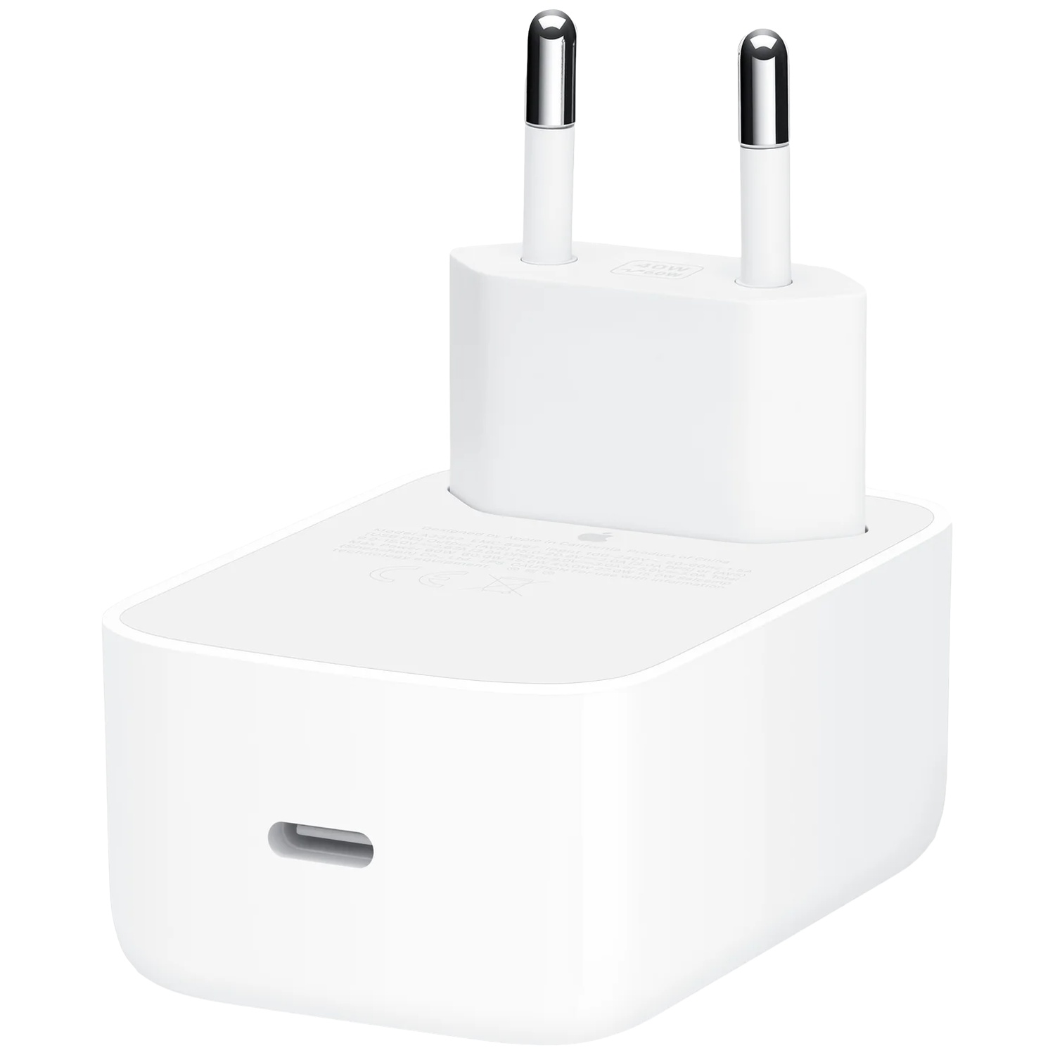 Chargeur USB-C blanc avec deux broches rondes sur un fond neutre et lumineux.