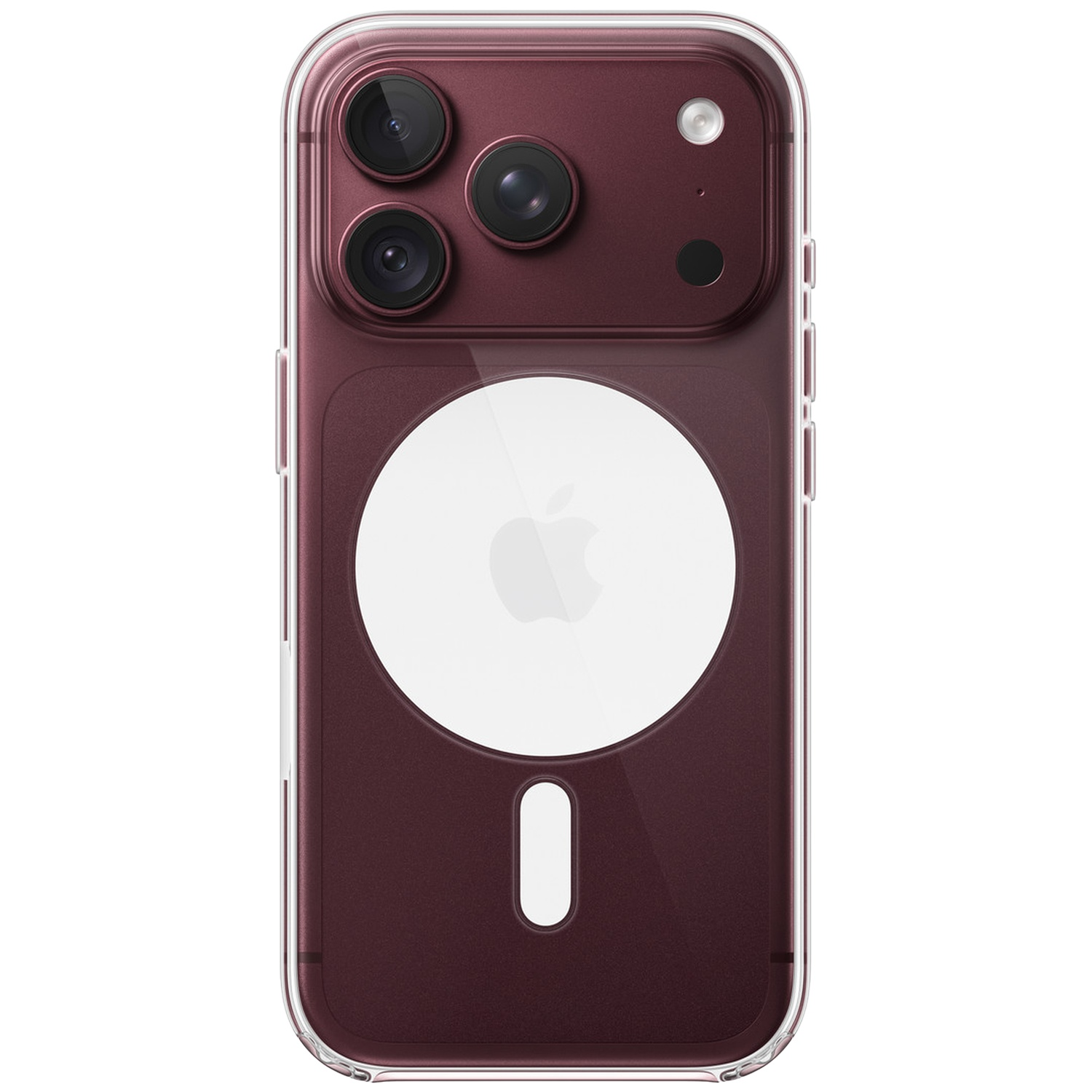 Achterkant van een rode smartphone met beschermhoesje en MagSafe-cirkel.