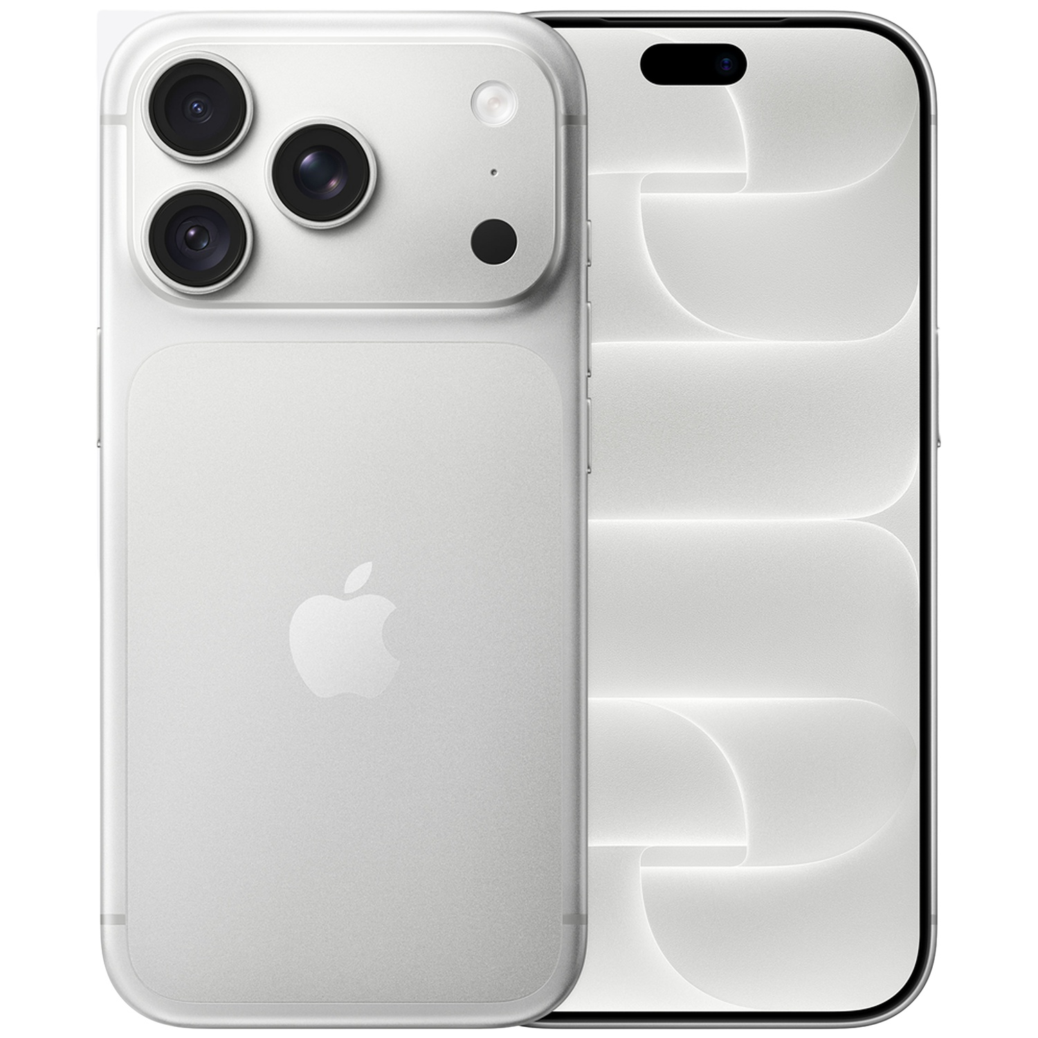 Een zilveren smartphone toont het scherm en de glazen achterkant met drie camera's en Apple-logo.