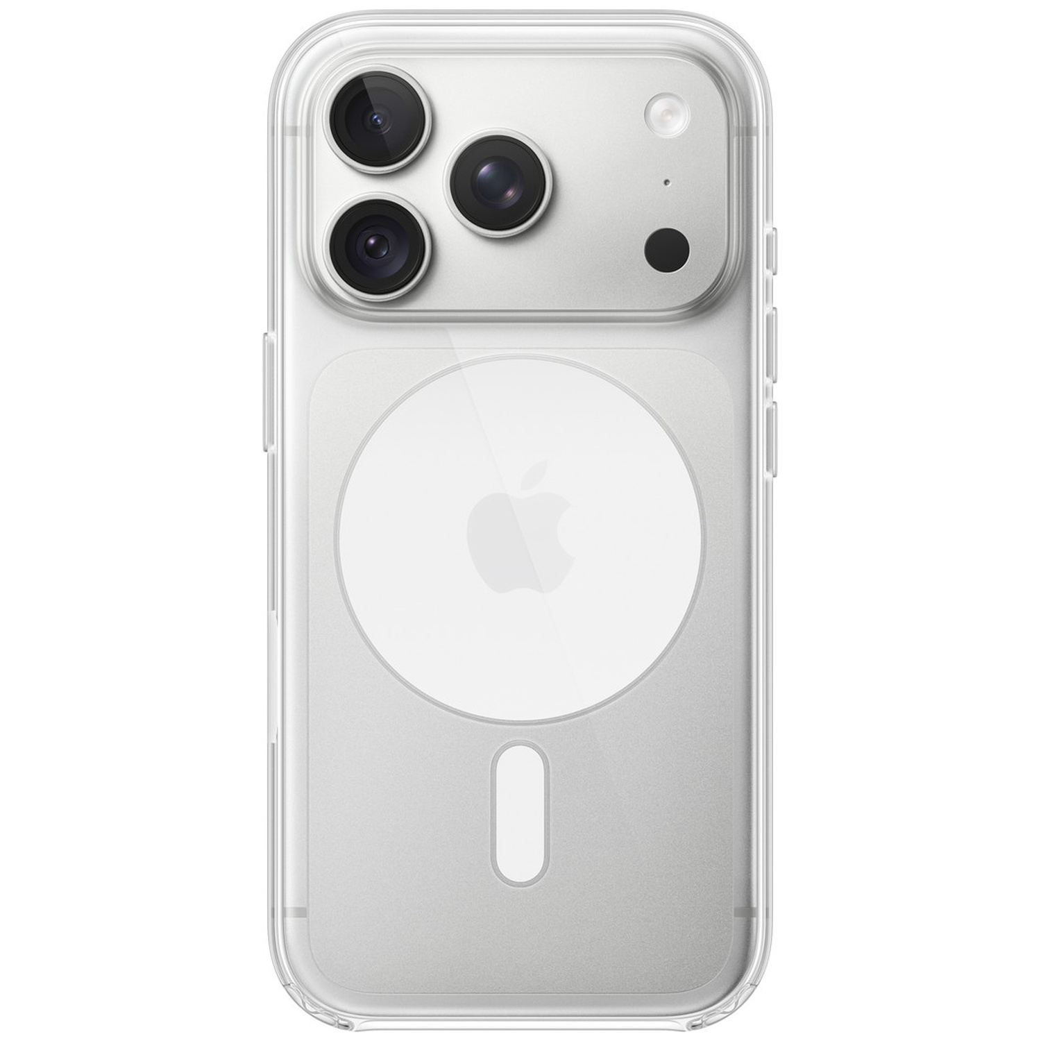 Achterkant van een smartphone in een doorzichtige beschermhoes met MagSafe-ring en camera.