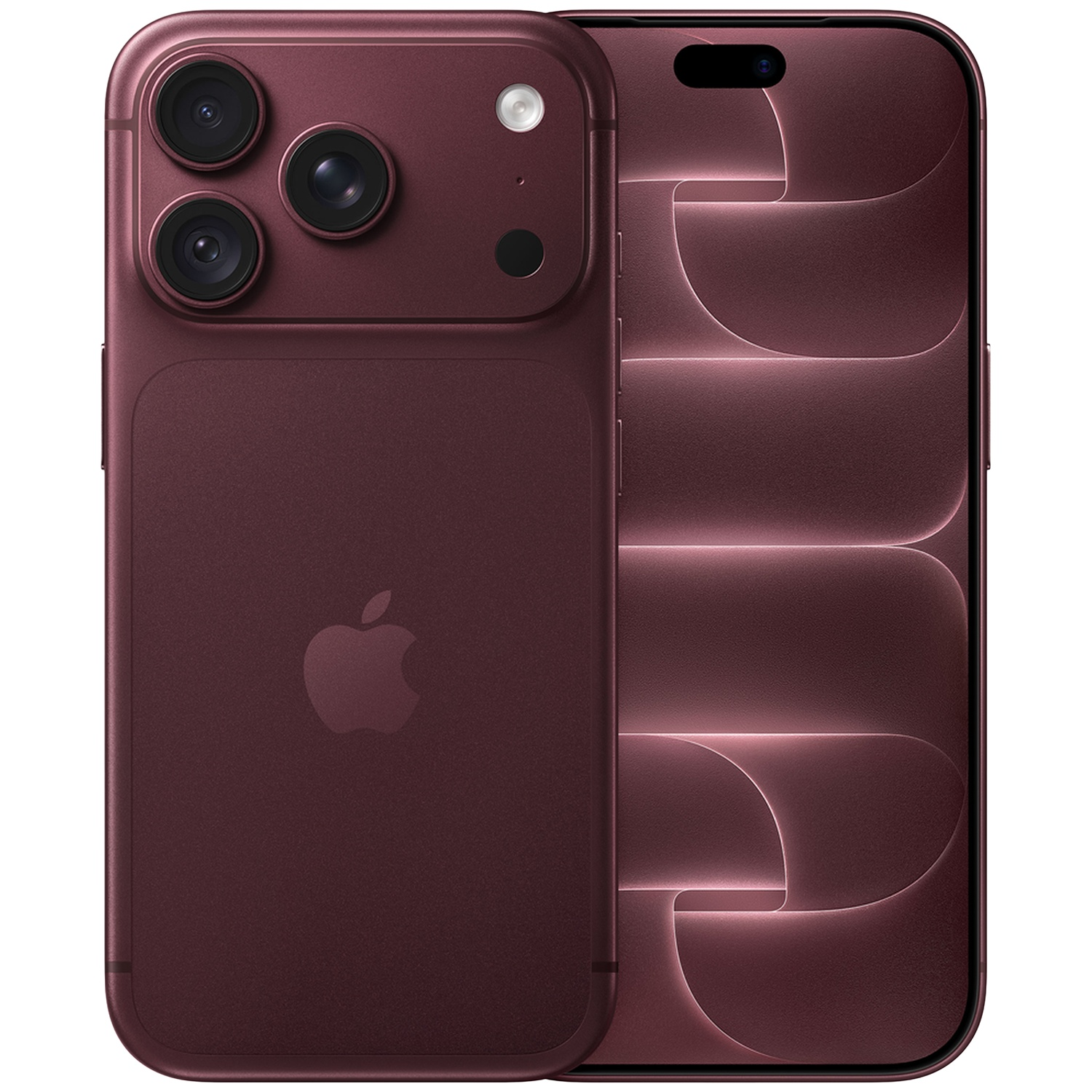 Donkerrode iPhone met drie camera's achterop en een gestructureerd scherm.