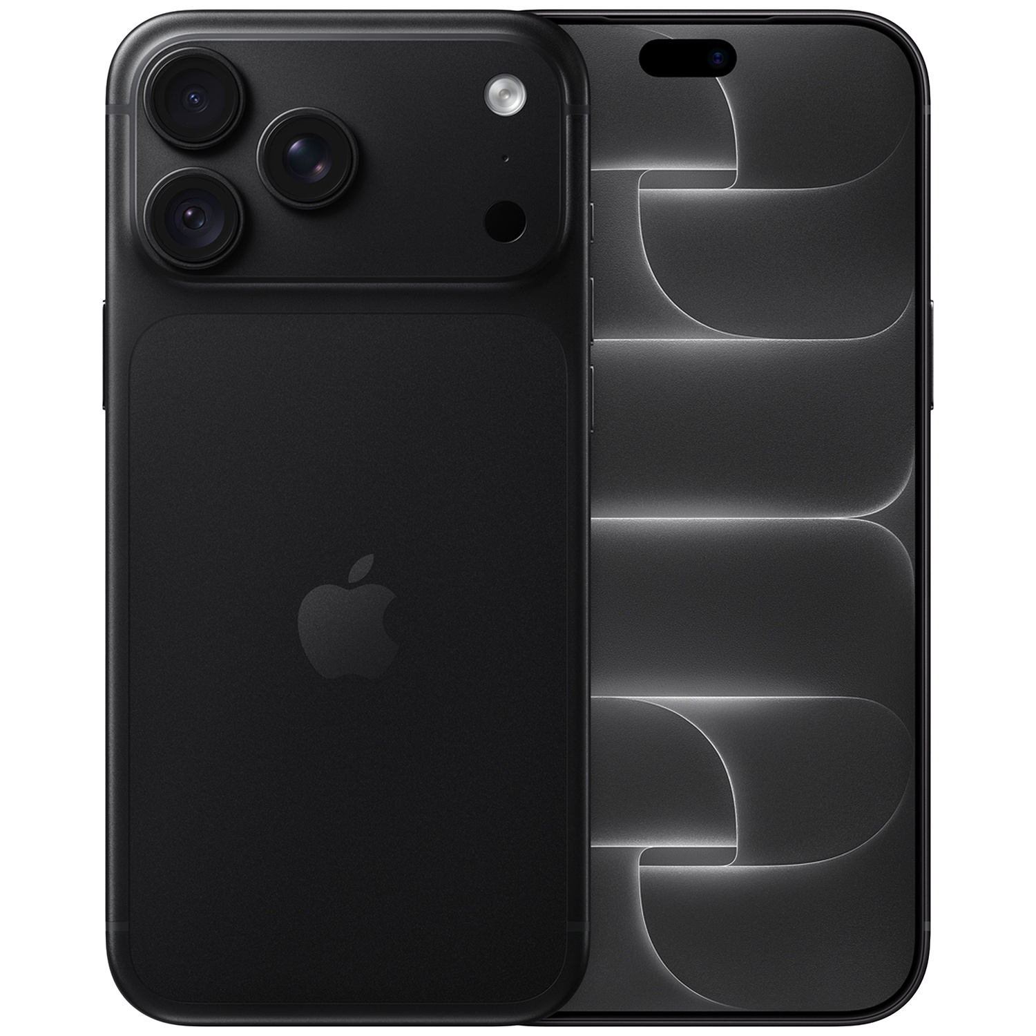Zwarte smartphone, achterkant met drie camera's en Apple-logo, en voorkant met helder beeldschermpatroon.