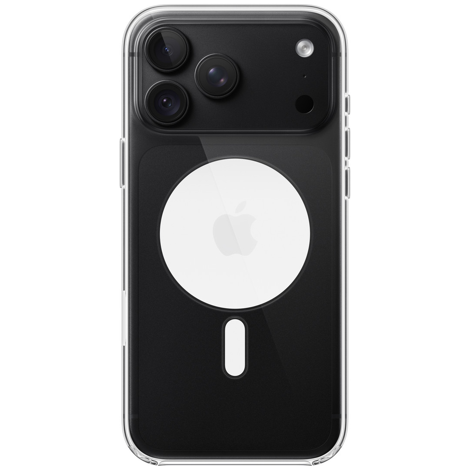 Achterkant van een zwarte iPhone met drie camera's, in een doorzichtige hoes met witte MagSafe-ring.