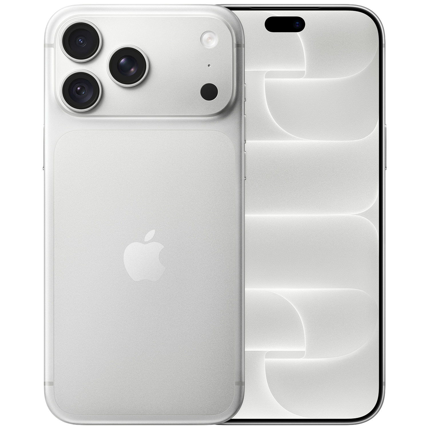 Zilveren iPhone toont voor- en achterkant met driedubbele camera en Apple-logo.