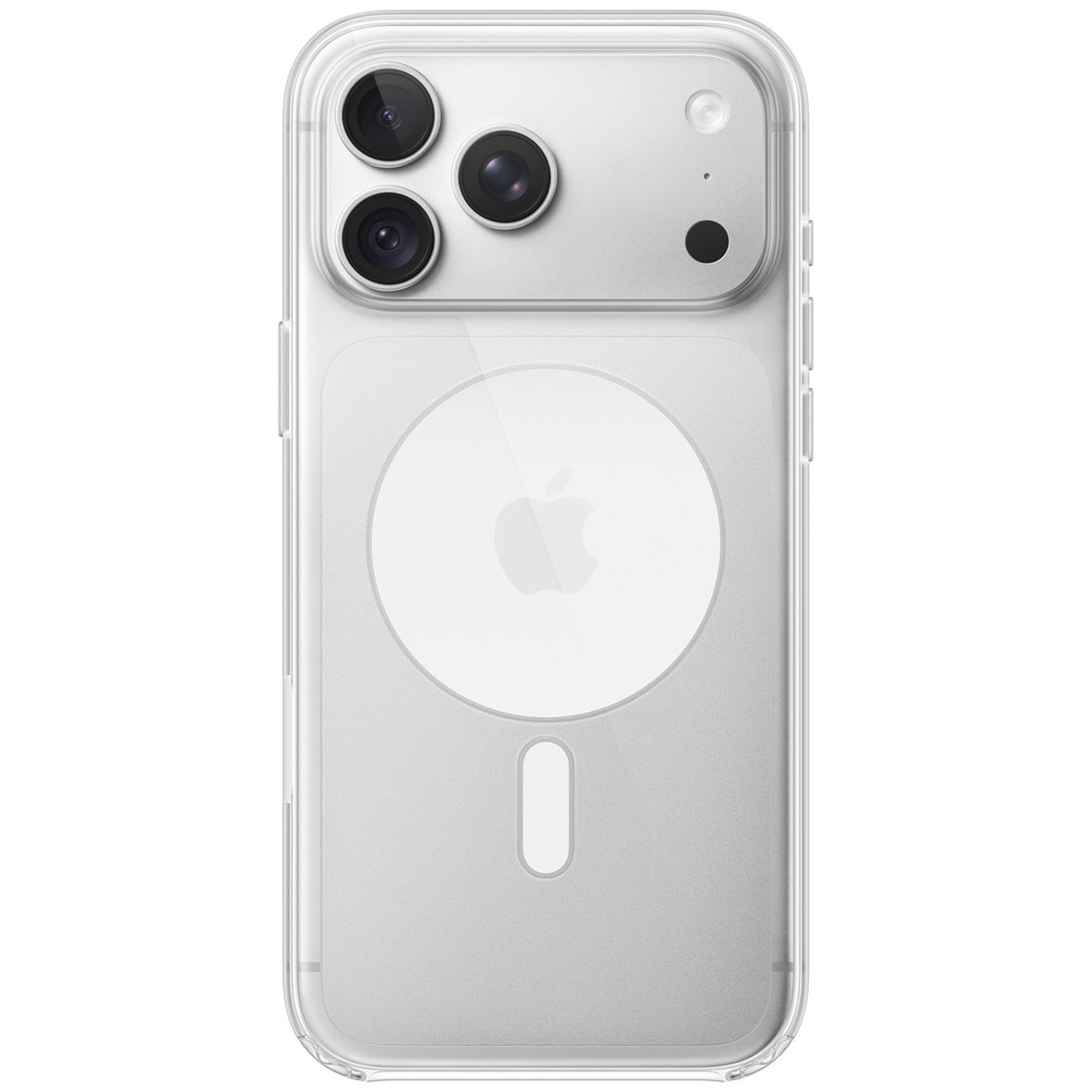 Achterkant van een iPhone in een doorzichtige hoes met driedubbele camera en cirkelvormig MagSafe-logo.