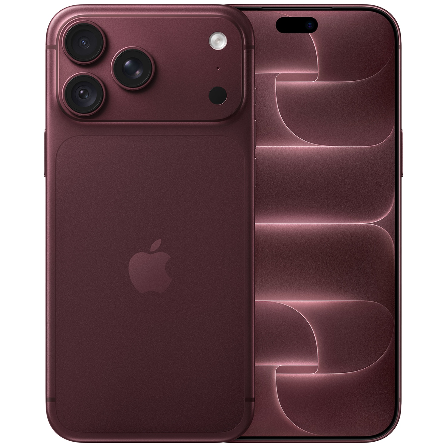 Donkerrode smartphone van voor- en achterkant met driedubbele camera en Apple-logo.