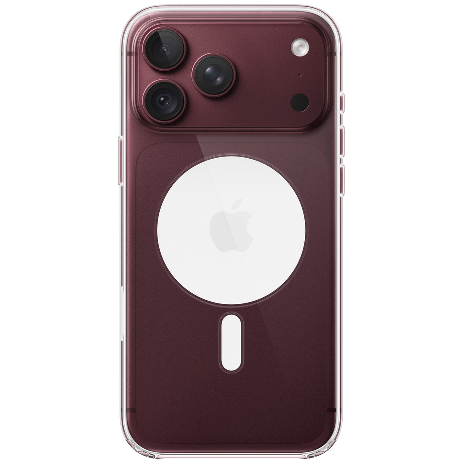 Achterkant van een rode smartphone met drie camera's en een cirkelvormig magnetisch oplaadgebied.