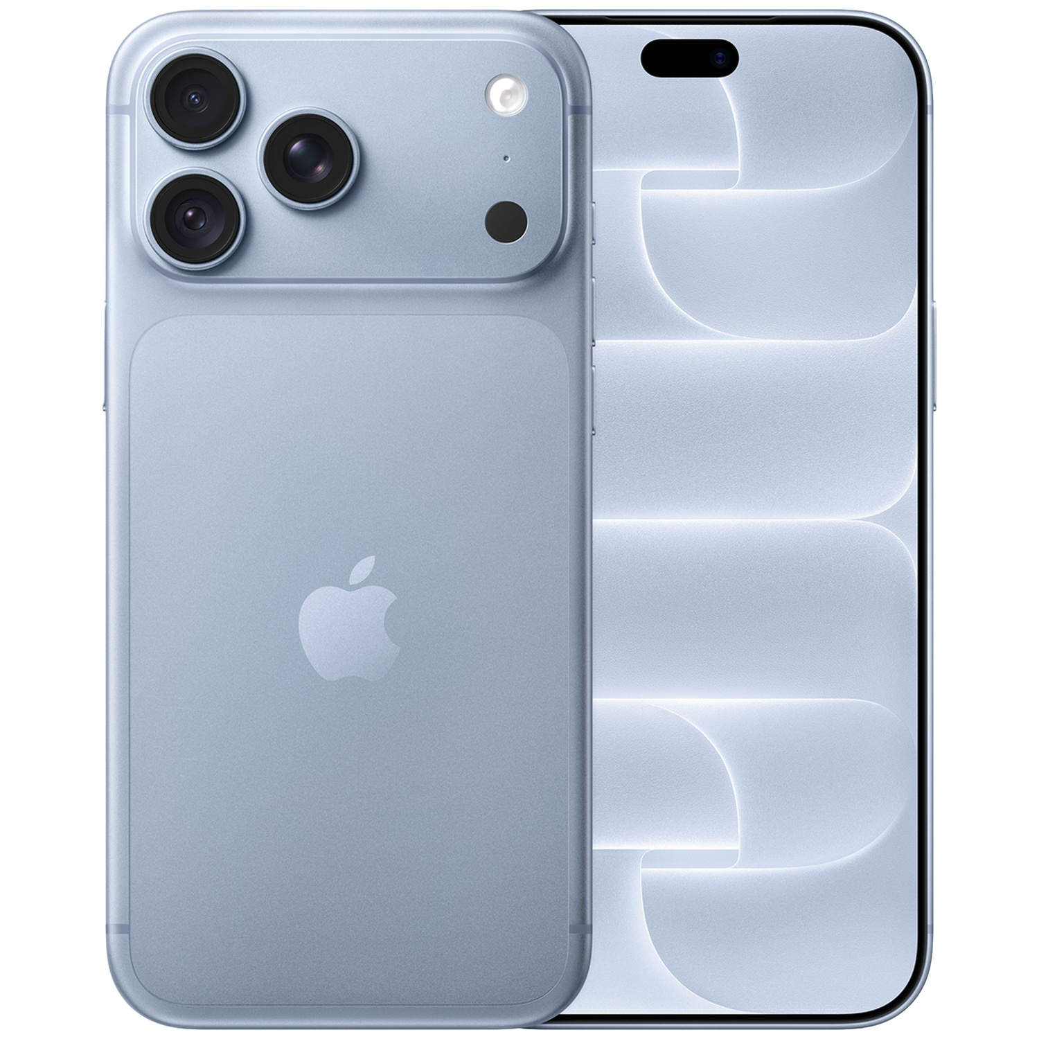 Blauwe voor- en achterkant van een moderne smartphone met drie camera's en Apple-logo.