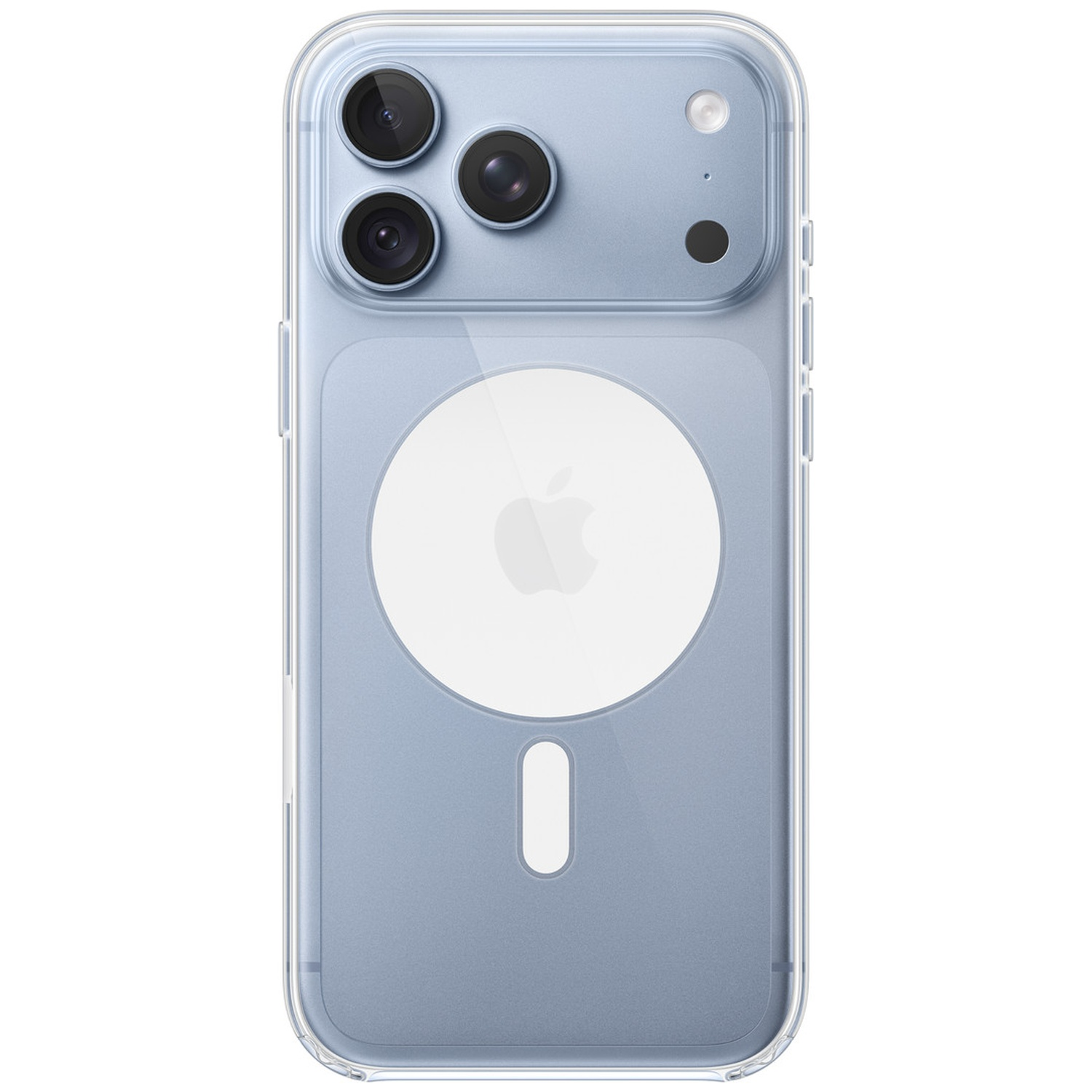 Achterkant van een lichtblauwe iPhone met een driedubbele camera en doorzichtige MagSafe-hoes.