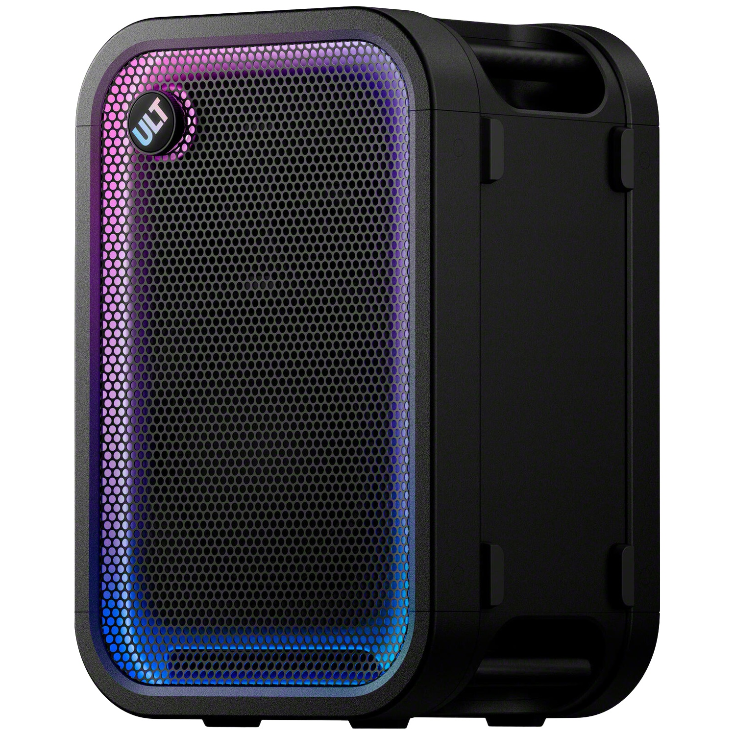 Une enceinte Bluetooth portable noire avec une grille avant en maille et des lumières colorées.