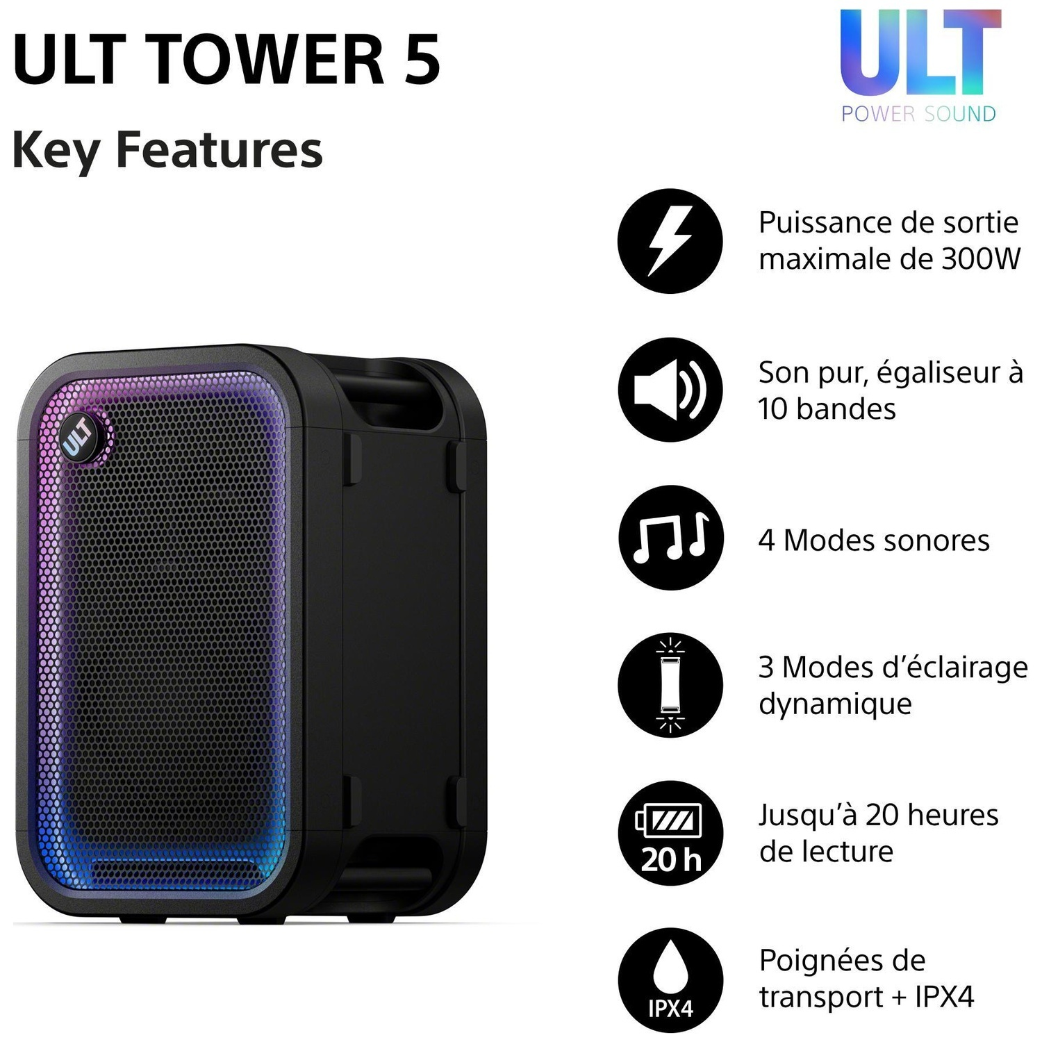 Infographie du ULT TOWER 5 listant les fonctions clés comme 300W de puissance et 20h d'autonomie.