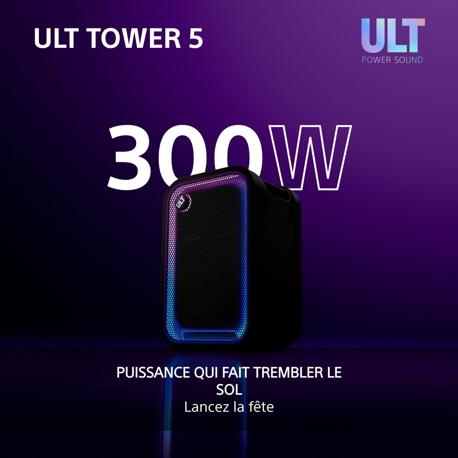 Enceinte Ult Tower 5 de 300W sur fond violet avec éclairage de bord bleu.