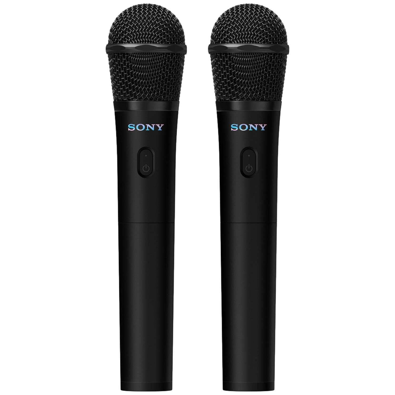 Deux microphones noirs Sony dotés de boutons d'alimentation intégrés sur fond blanc.