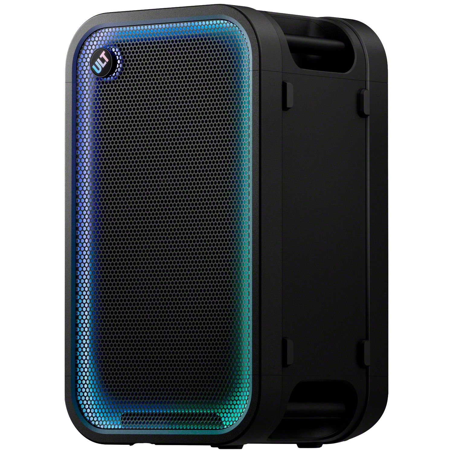 Enceinte portable noire avec grille métallique, éclairage LED bleu et vert et logo ULT sur fond blanc.
