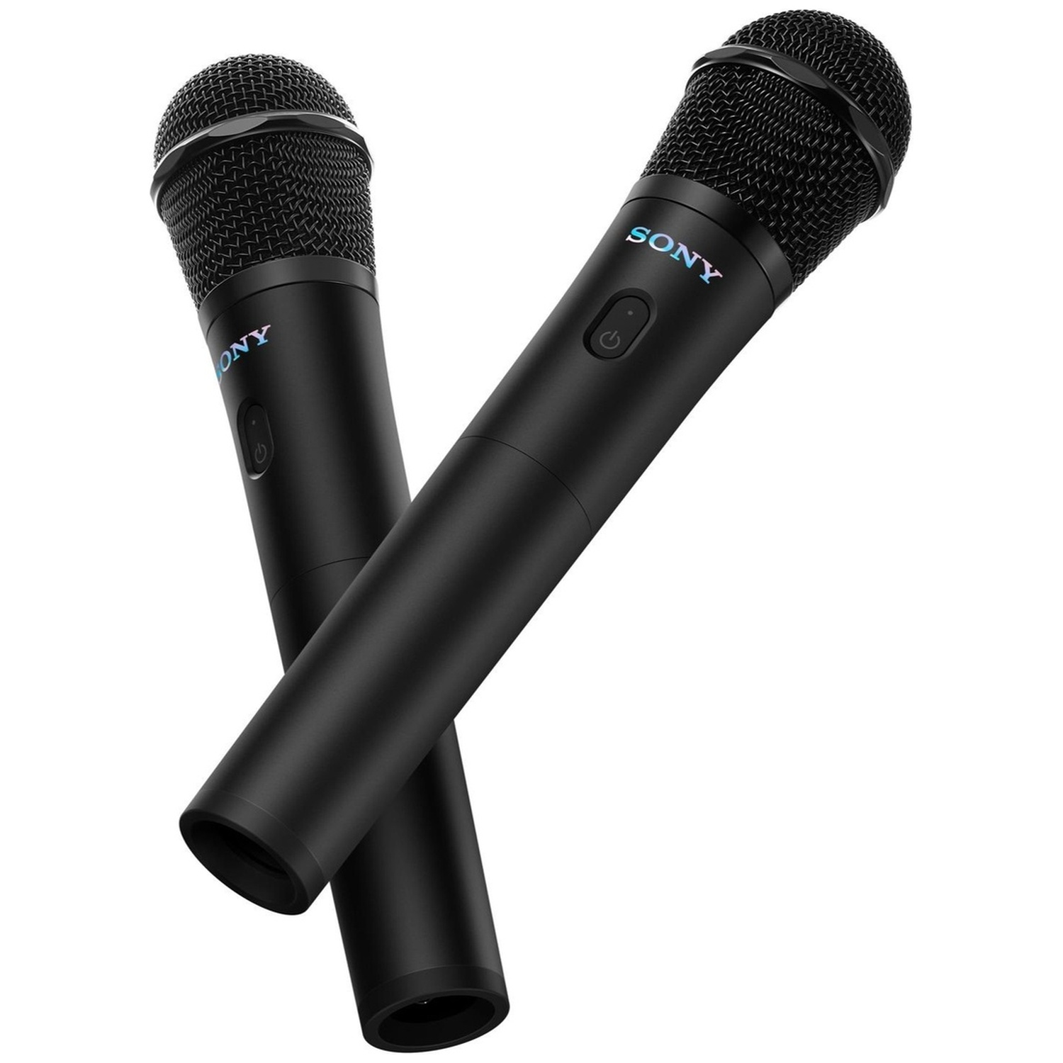 Deux microphones Sony noirs croisés sur fond blanc.