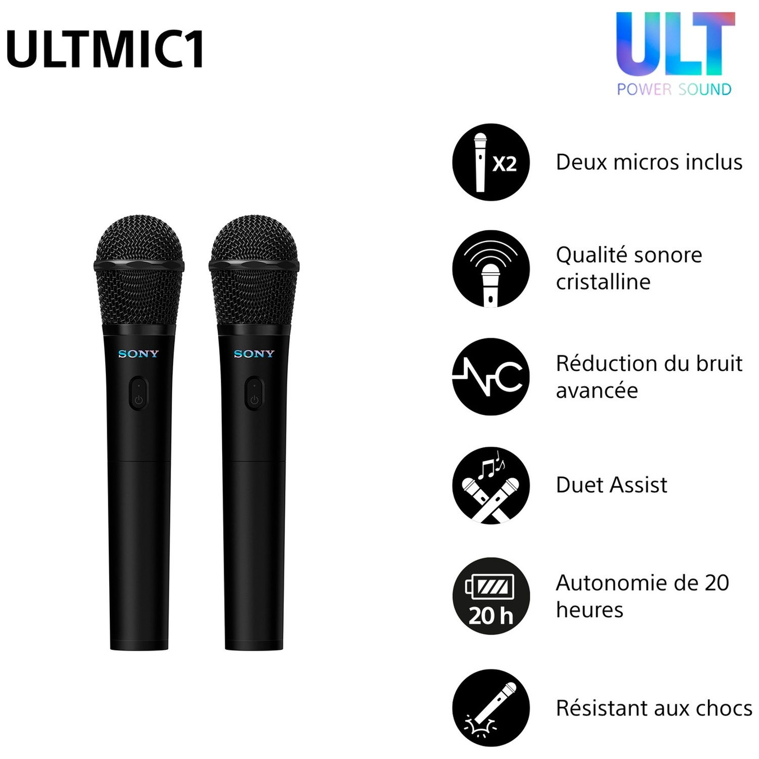 Deux microphones noirs Sony ULTMIC1 avec icônes de fonctionnalités et texte sur fond blanc.
