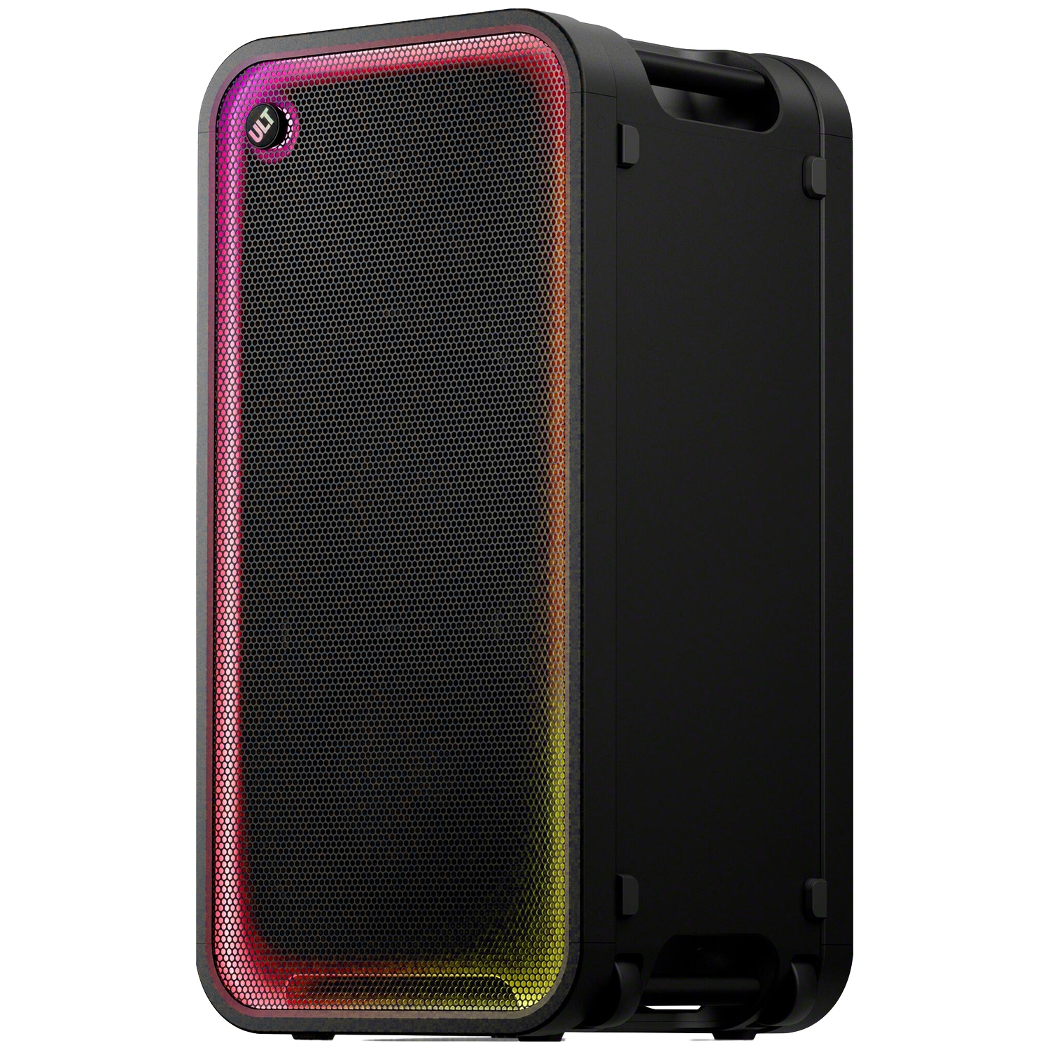 Une grande enceinte tour noire avec un éclairage LED coloré autour de la grille avant et le logo ULT en haut.