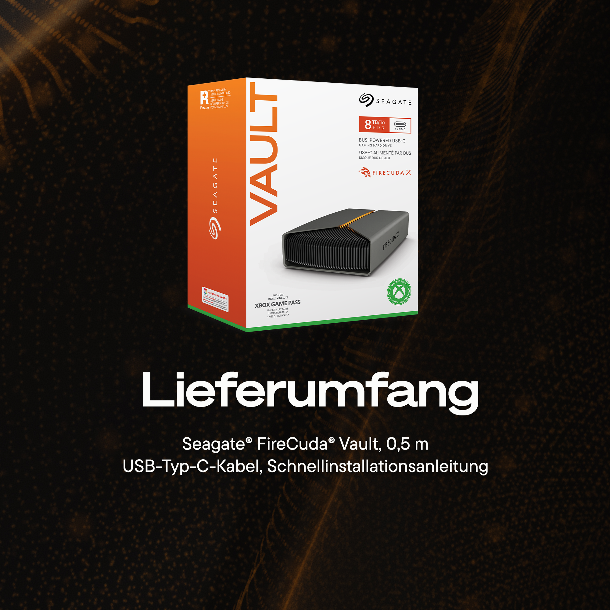 Seagate FireCuda Vault Produktbox und deutscher Text mit Auflistung des Lieferumfangs.