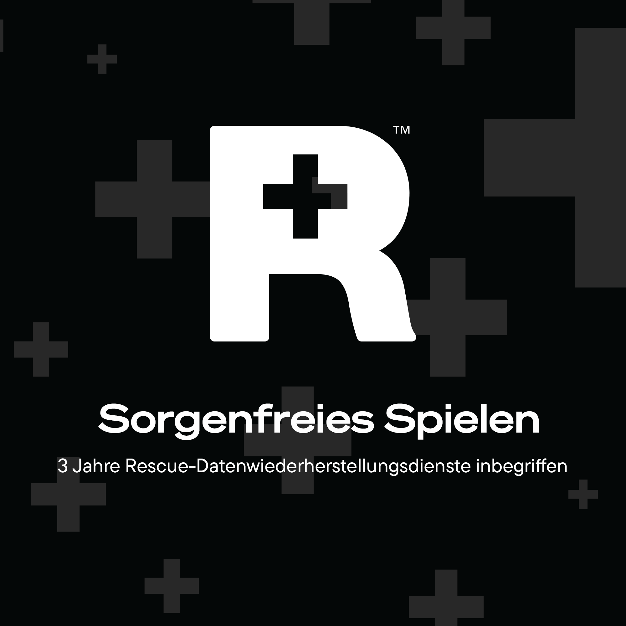Ein schwarzer Hintergrund mit dunkelgrauen Pluszeichen und einem großen weißen R-Logo und deutschem Text.