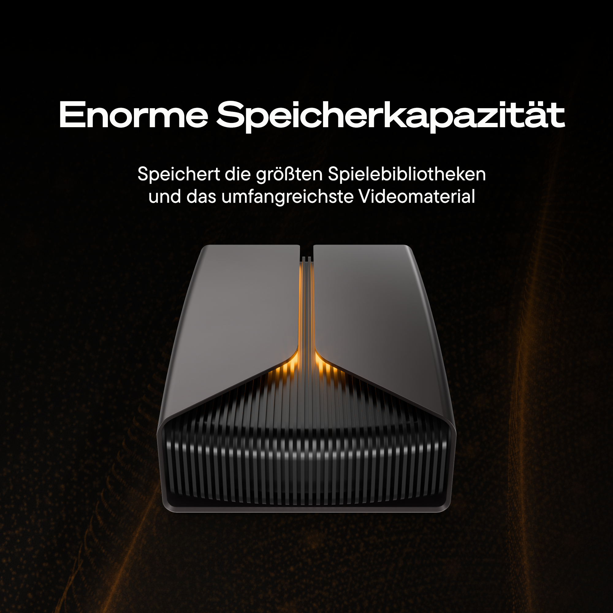 Ein schwarzes Speichermedium mit gelber LED-Beleuchtung auf schwarzem Hintergrund und deutscher Aufschrift.