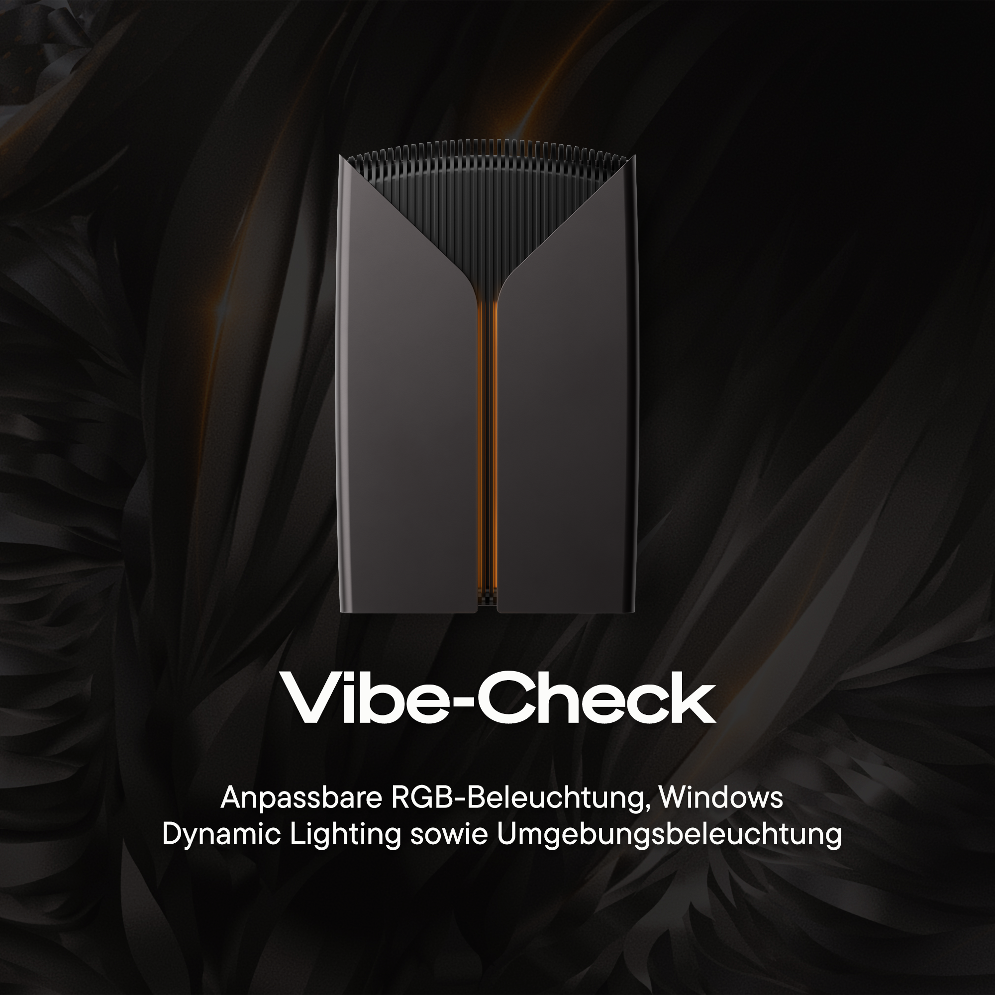 Ein schwarzer Router mit orangefarbener Beleuchtung vor einem dunklen Hintergrund und weißem Text.