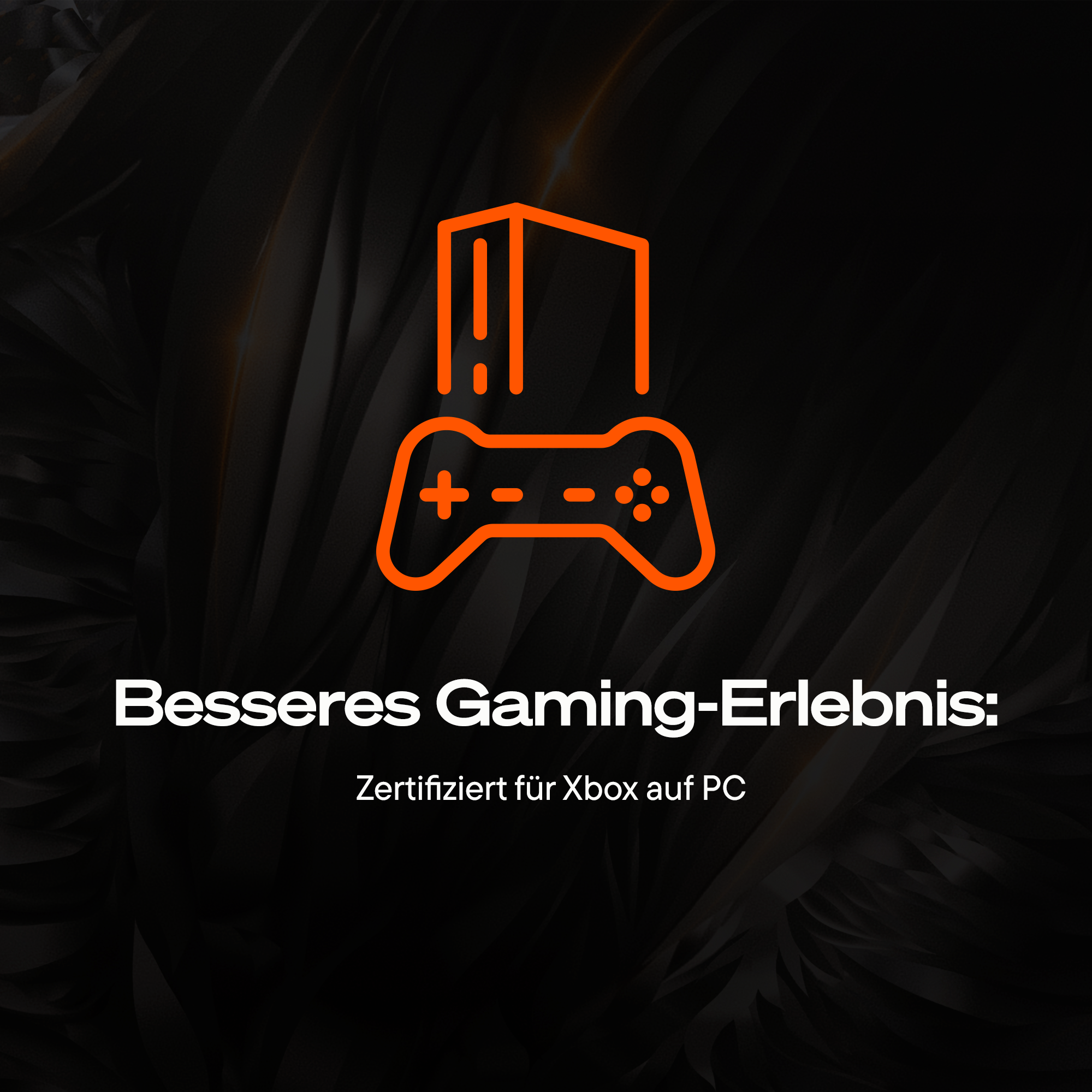 Oranger Umriss einer Konsole und eines Controllers auf schwarzem Hintergrund mit Text.