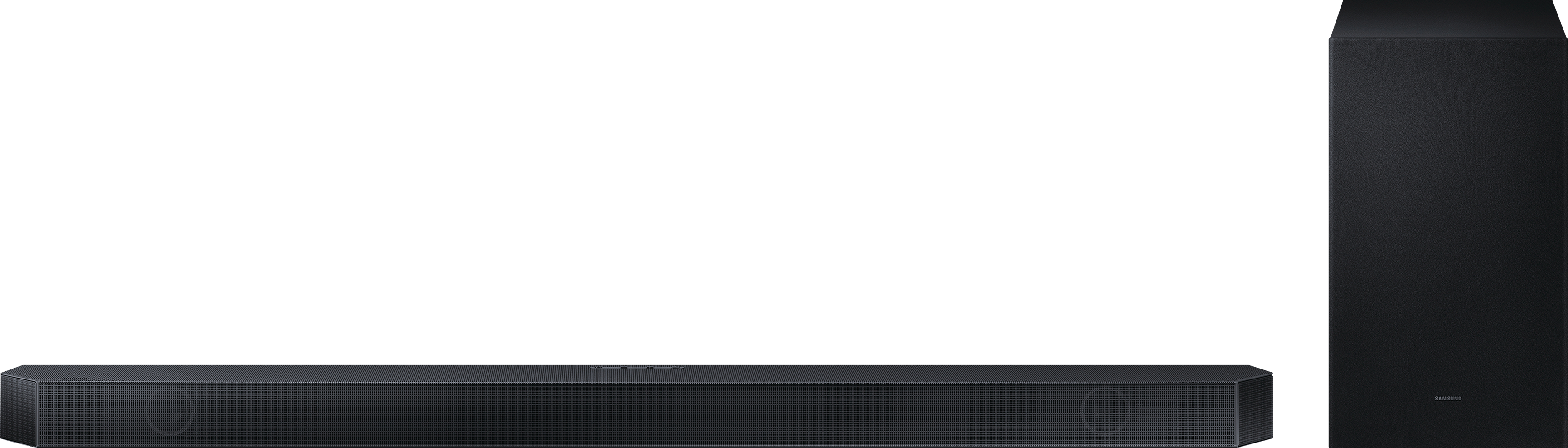 Eine schwarze Samsung-Soundbar mit einem separaten Subwoofer auf schwarzem Hintergrund.