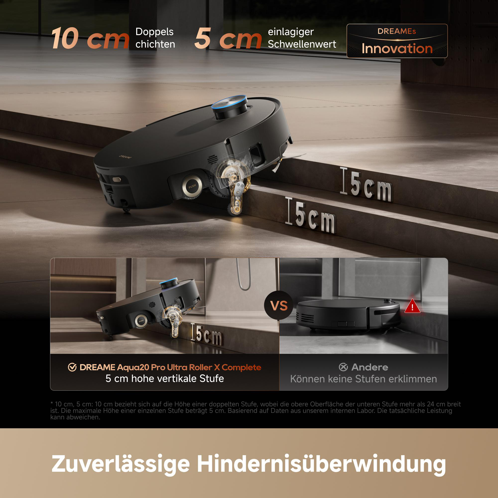 Ein schwarzer Saugroboter klettert über Stufen, im Vergleich zu einem anderen, der es nicht kann.