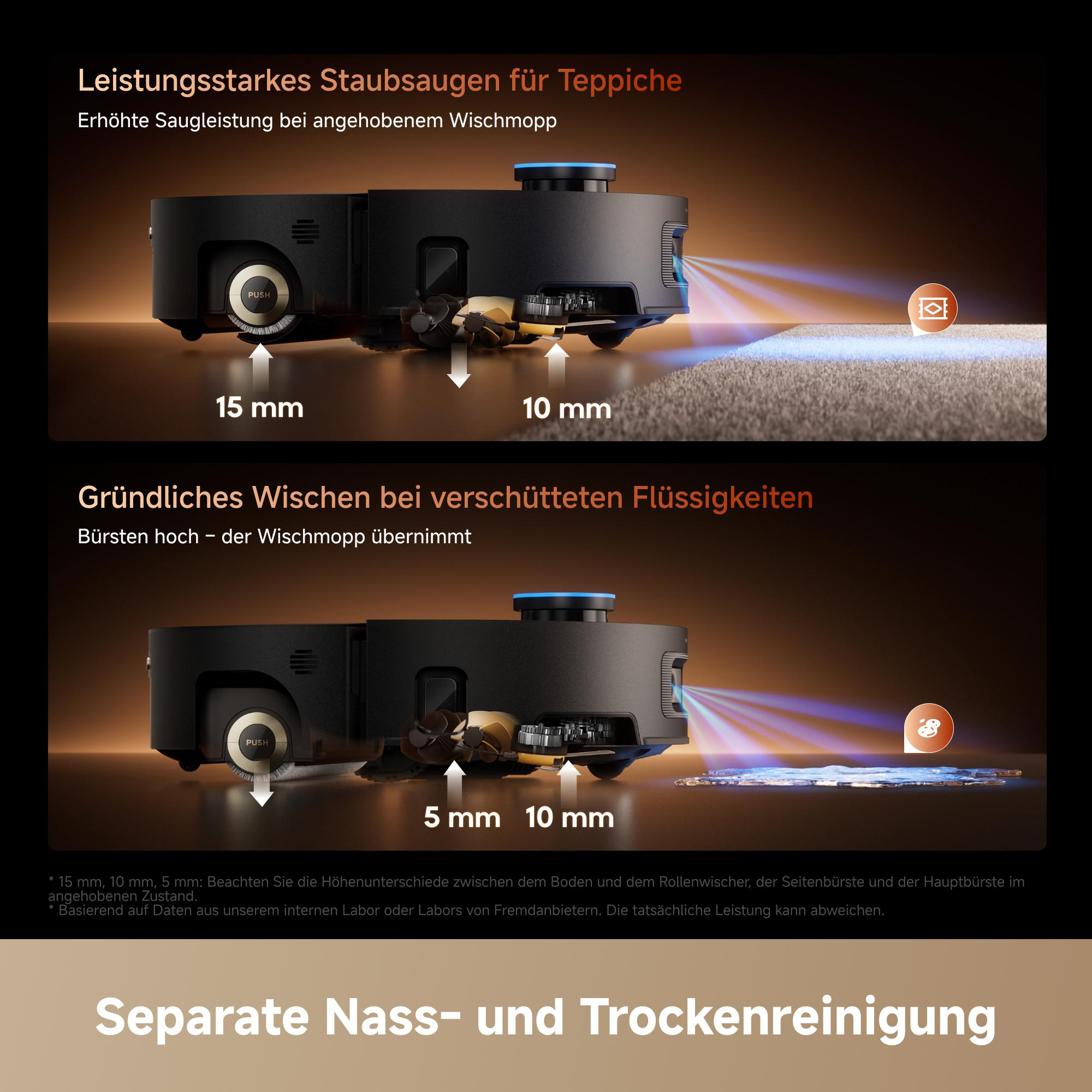 Diagramm zeigt die Höhenanpassung eines Saugroboters für Teppiche und Flüssigkeiten mit Maßangaben.